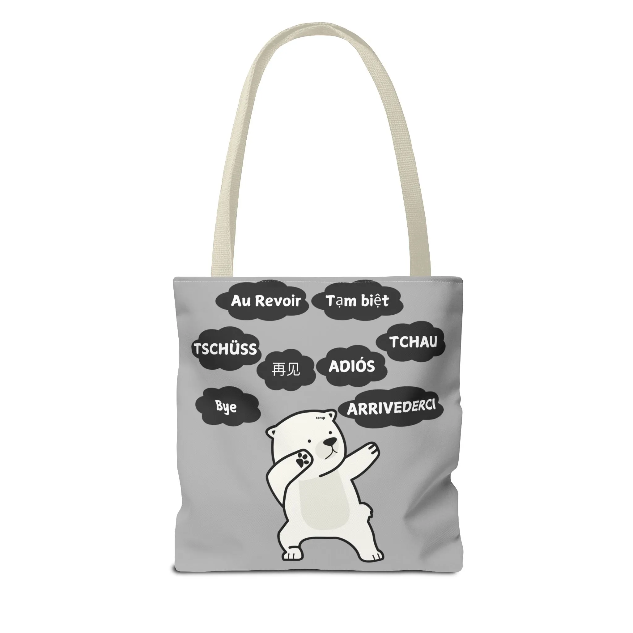 Light Grey Multilingual Farewell Tote Bag with Dancing Bear Design- Perfect for Friendship Gifts, Bag for Shopping, Everyday Shopping bag