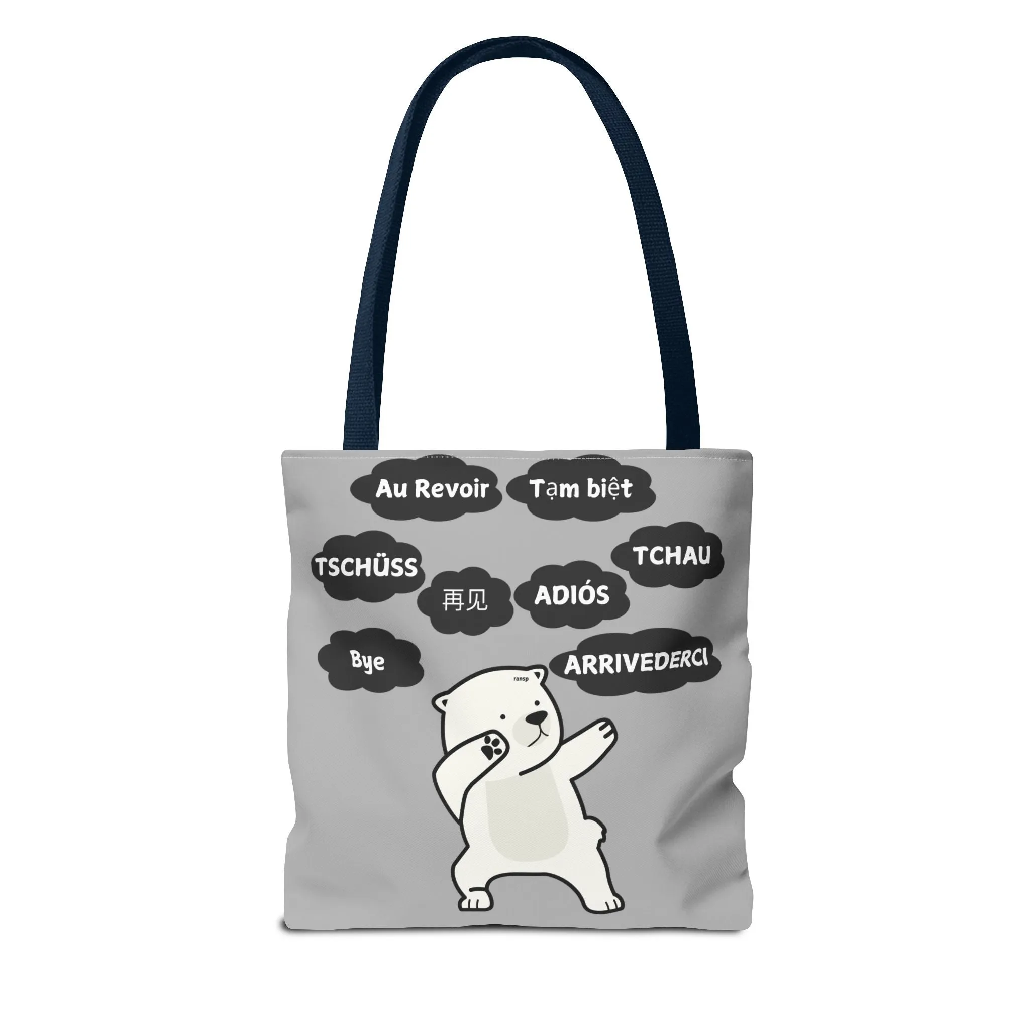 Light Grey Multilingual Farewell Tote Bag with Dancing Bear Design- Perfect for Friendship Gifts, Bag for Shopping, Everyday Shopping bag