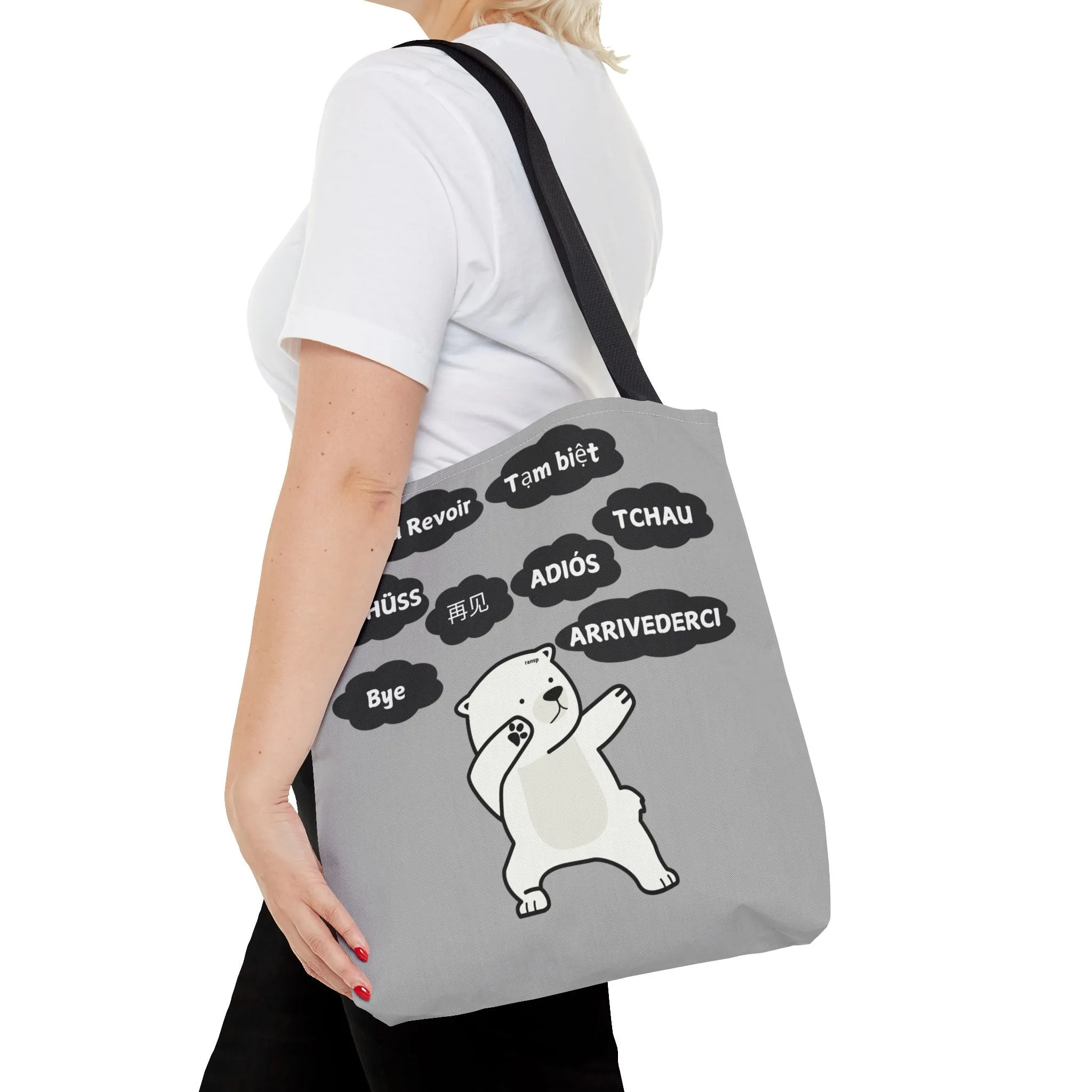 Light Grey Multilingual Farewell Tote Bag with Dancing Bear Design- Perfect for Friendship Gifts, Bag for Shopping, Everyday Shopping bag