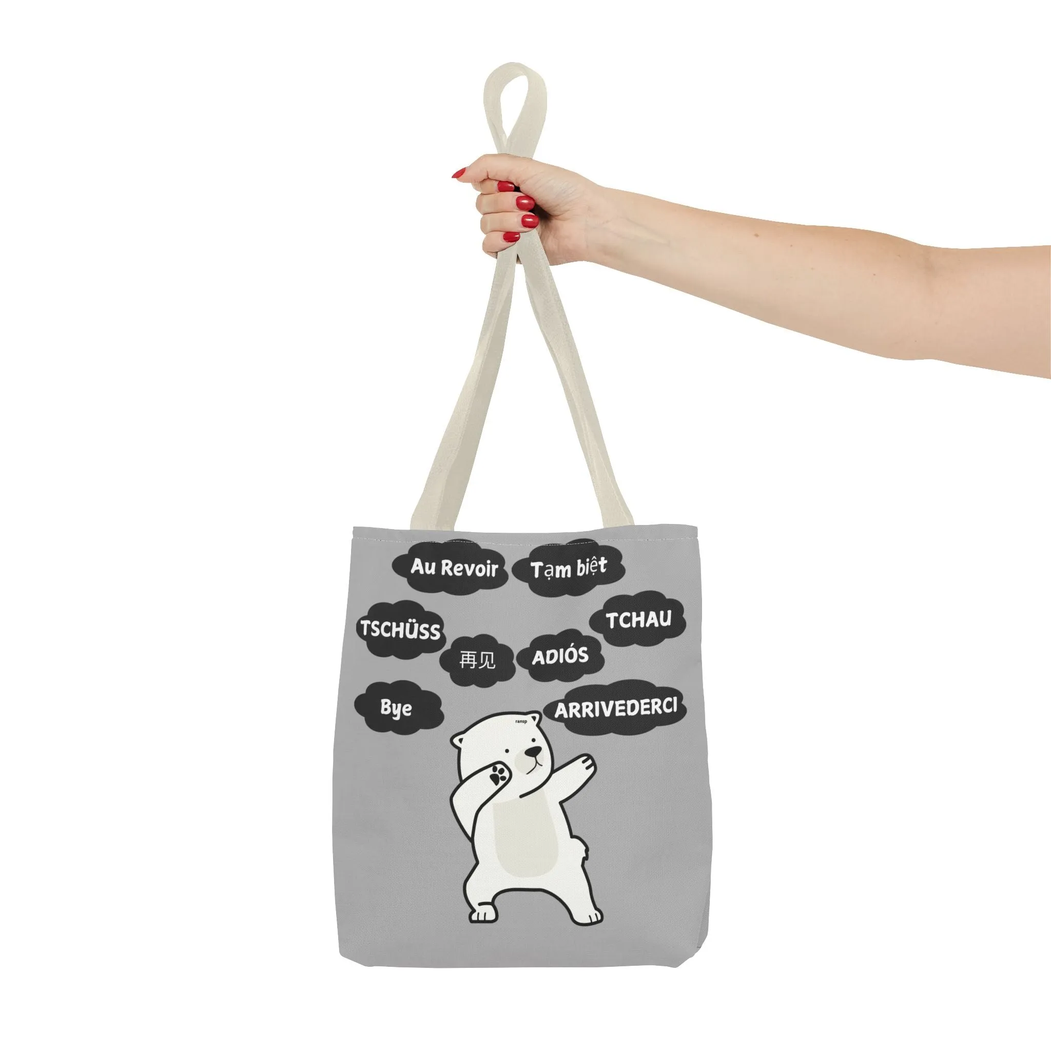 Light Grey Multilingual Farewell Tote Bag with Dancing Bear Design- Perfect for Friendship Gifts, Bag for Shopping, Everyday Shopping bag