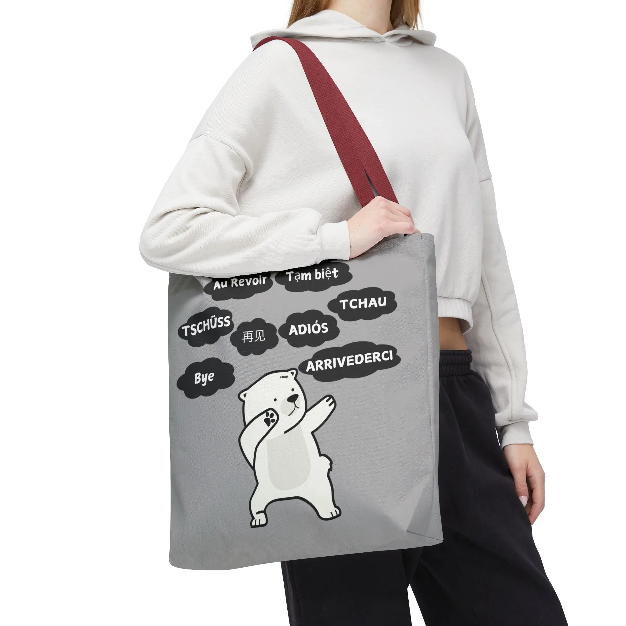 Light Grey Multilingual Farewell Tote Bag with Dancing Bear Design- Perfect for Friendship Gifts, Bag for Shopping, Everyday Shopping bag