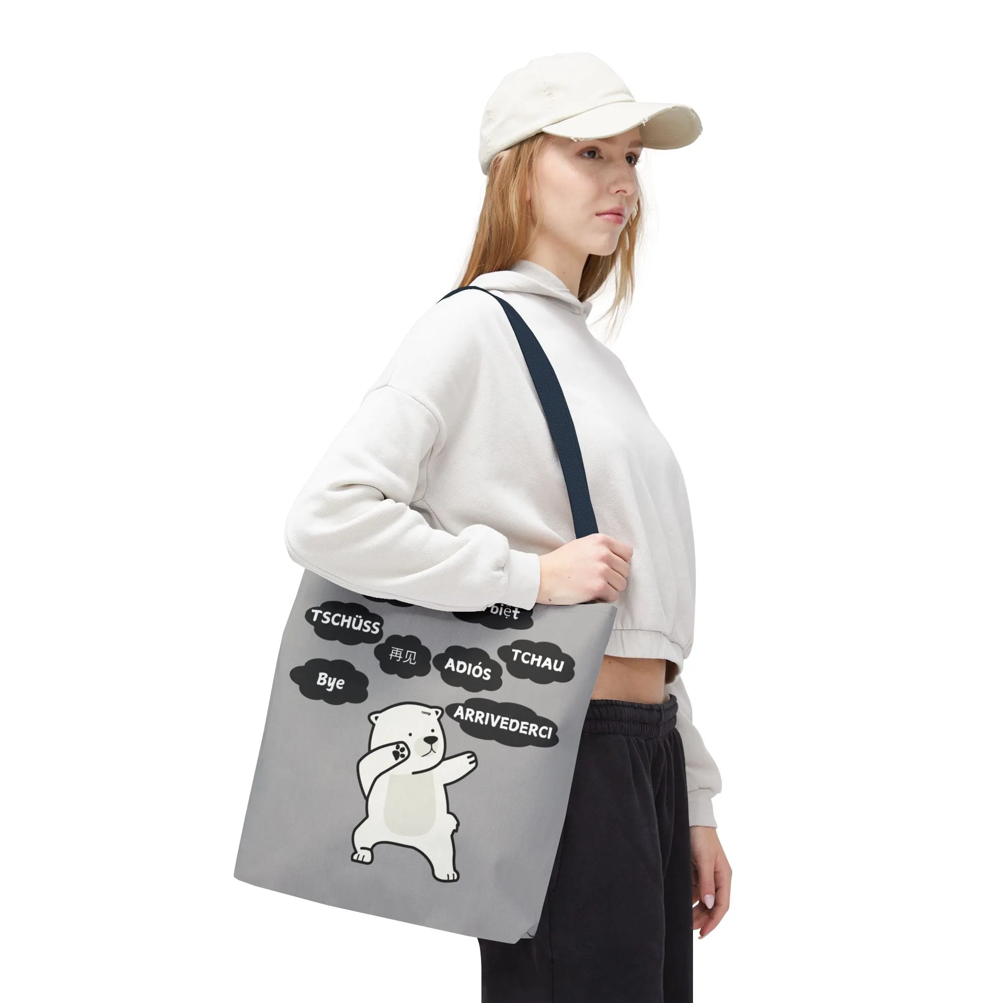 Light Grey Multilingual Farewell Tote Bag with Dancing Bear Design- Perfect for Friendship Gifts, Bag for Shopping, Everyday Shopping bag