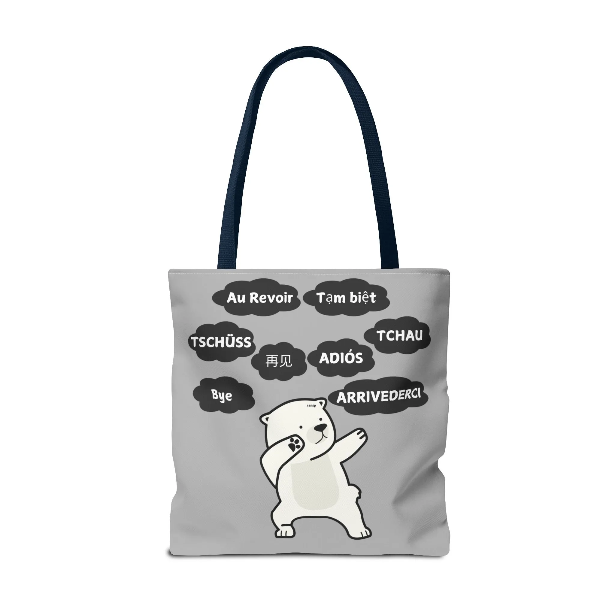 Light Grey Multilingual Farewell Tote Bag with Dancing Bear Design- Perfect for Friendship Gifts, Bag for Shopping, Everyday Shopping bag