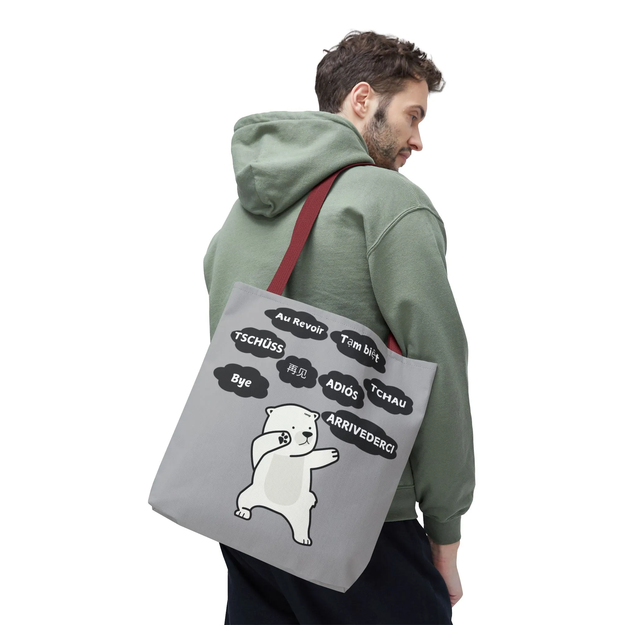 Light Grey Multilingual Farewell Tote Bag with Dancing Bear Design- Perfect for Friendship Gifts, Bag for Shopping, Everyday Shopping bag
