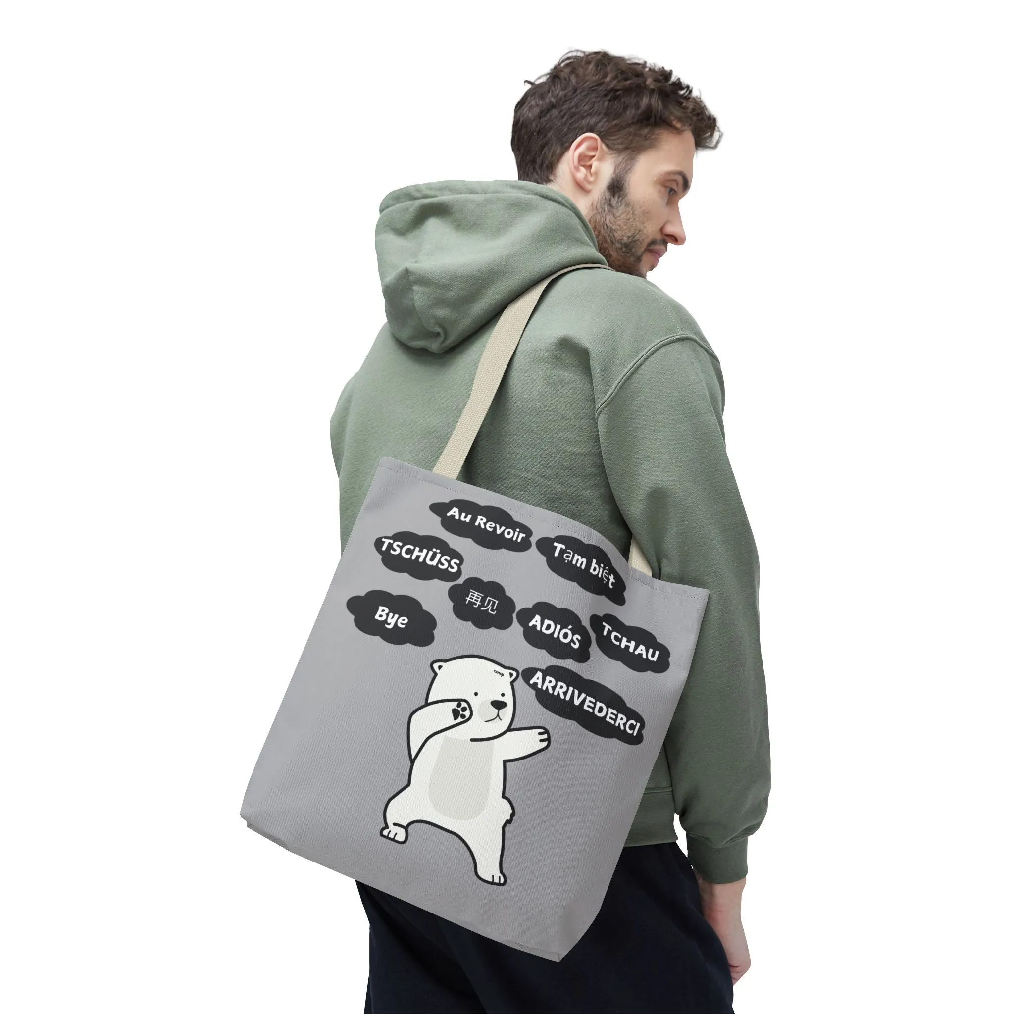 Light Grey Multilingual Farewell Tote Bag with Dancing Bear Design- Perfect for Friendship Gifts, Bag for Shopping, Everyday Shopping bag