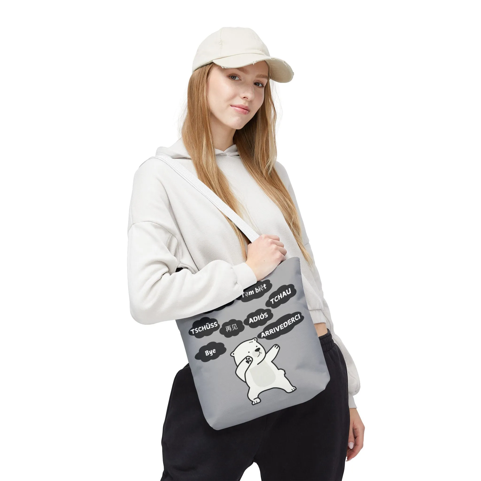 Light Grey Multilingual Farewell Tote Bag with Dancing Bear Design- Perfect for Friendship Gifts, Bag for Shopping, Everyday Shopping bag