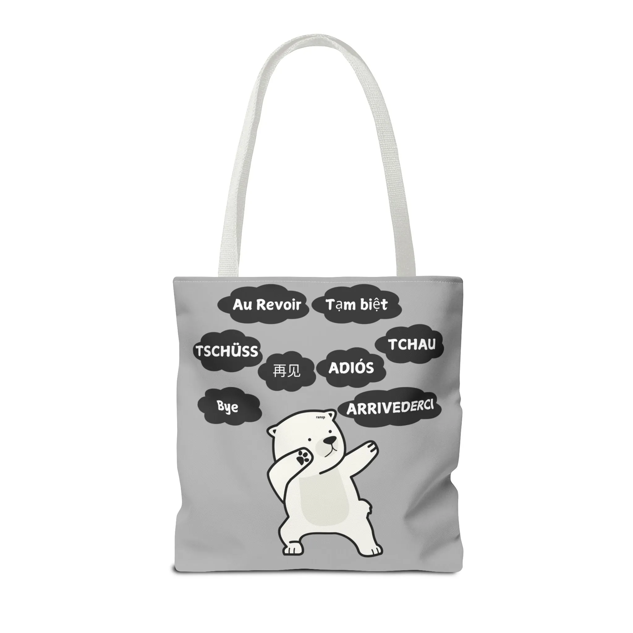 Light Grey Multilingual Farewell Tote Bag with Dancing Bear Design- Perfect for Friendship Gifts, Bag for Shopping, Everyday Shopping bag