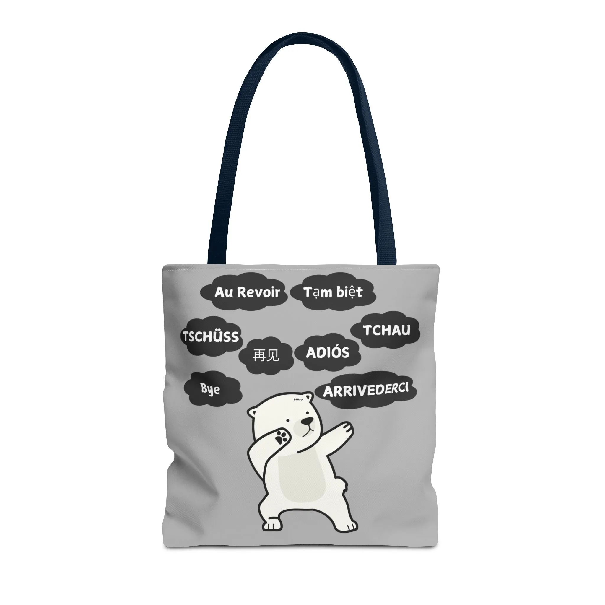 Light Grey Multilingual Farewell Tote Bag with Dancing Bear Design- Perfect for Friendship Gifts, Bag for Shopping, Everyday Shopping bag