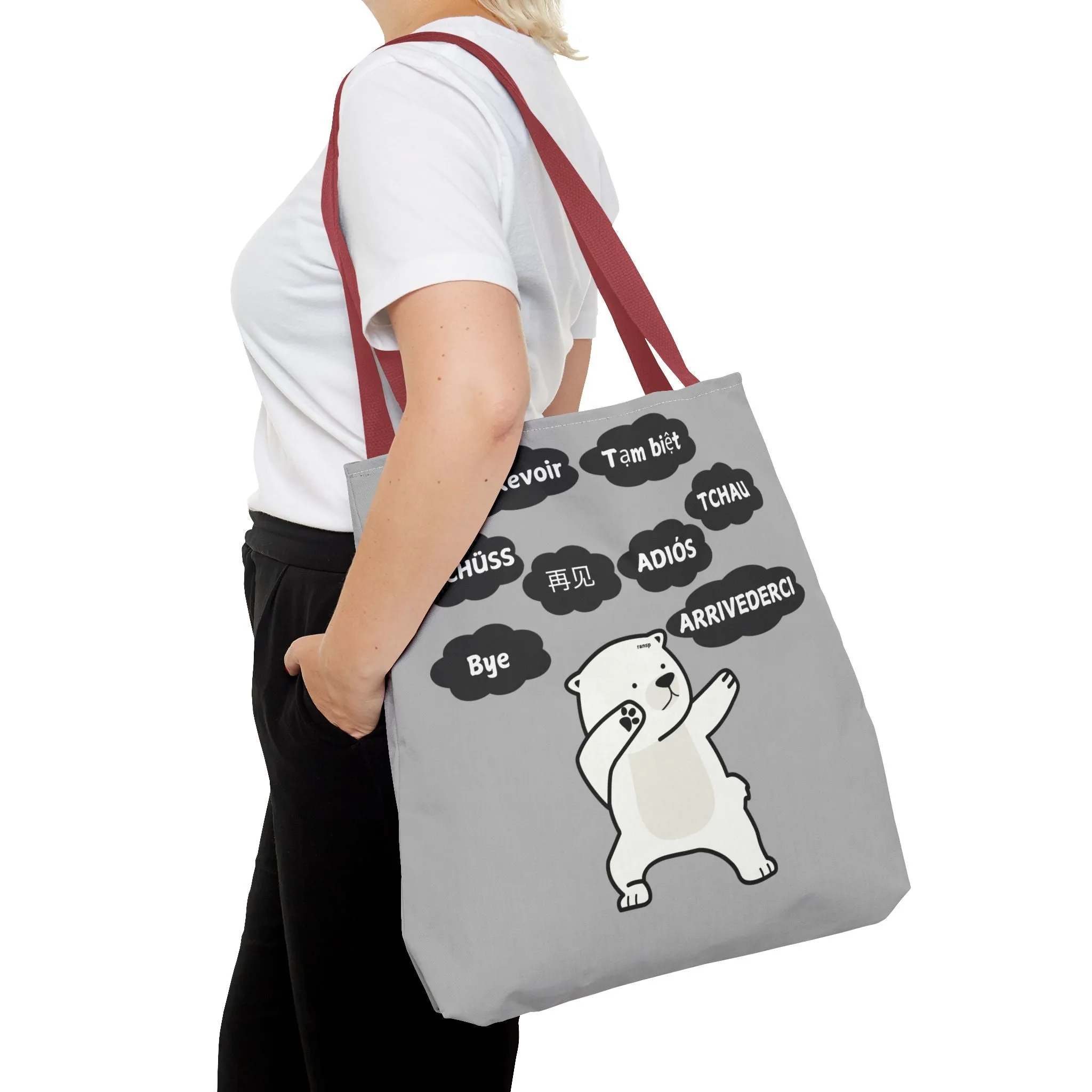 Light Grey Multilingual Farewell Tote Bag with Dancing Bear Design- Perfect for Friendship Gifts, Bag for Shopping, Everyday Shopping bag