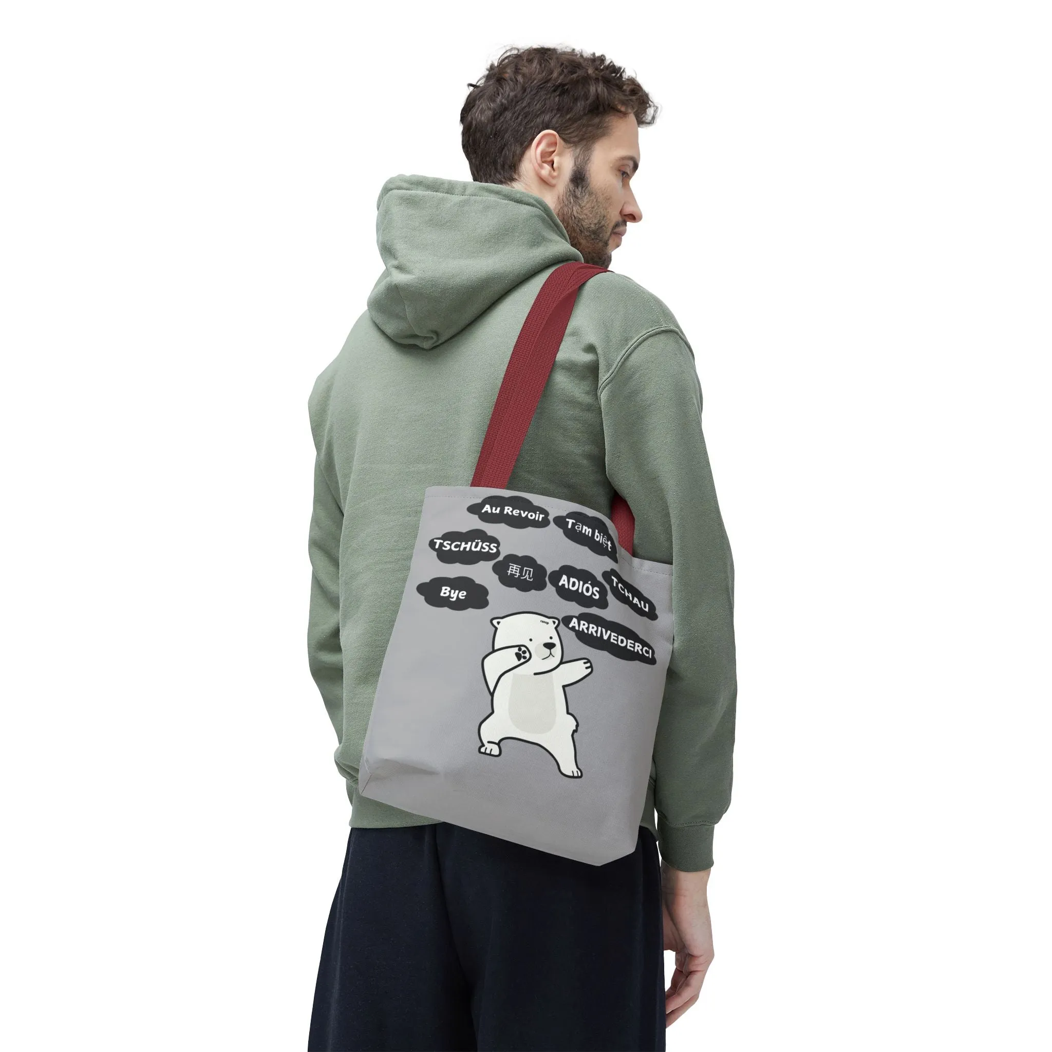 Light Grey Multilingual Farewell Tote Bag with Dancing Bear Design- Perfect for Friendship Gifts, Bag for Shopping, Everyday Shopping bag