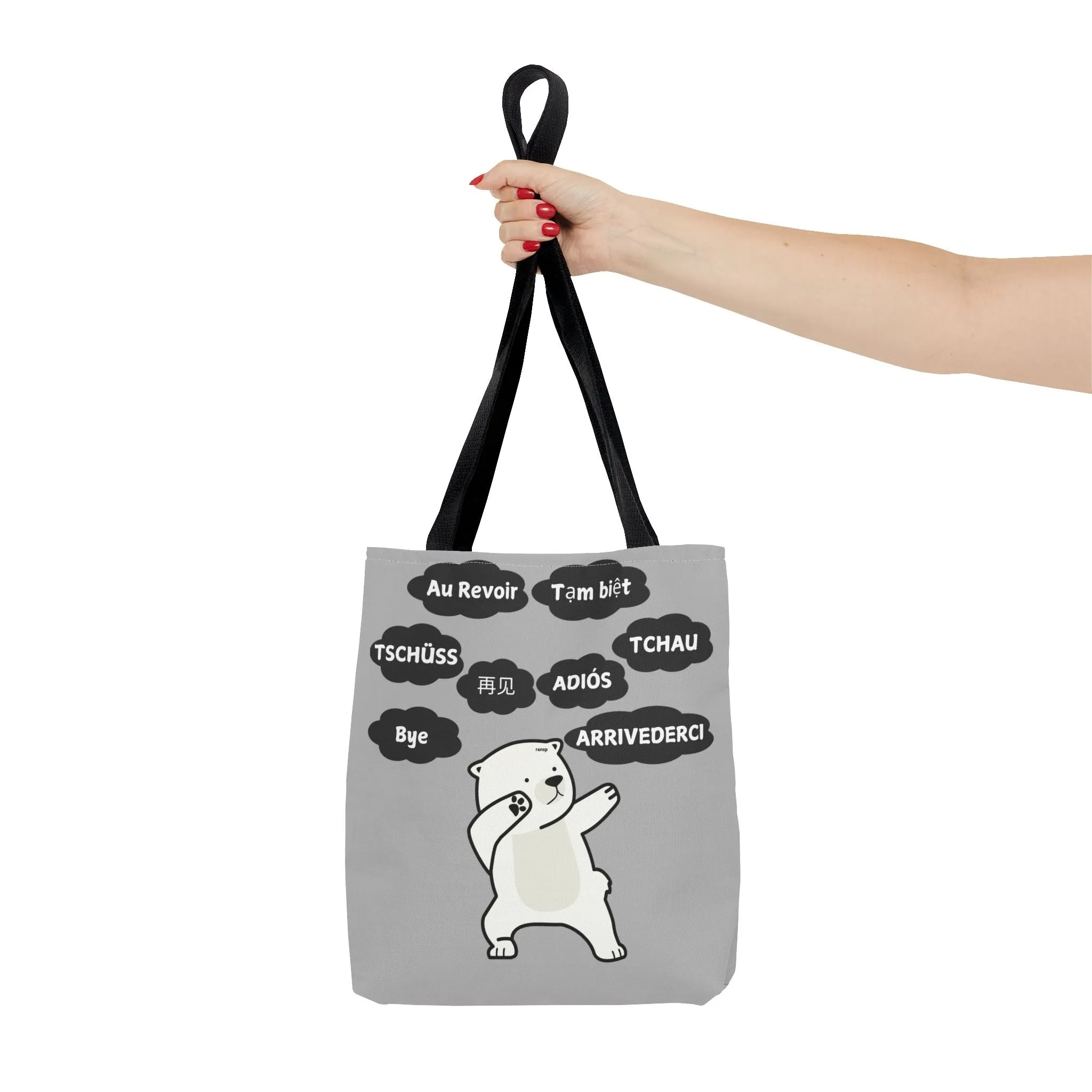Light Grey Multilingual Farewell Tote Bag with Dancing Bear Design- Perfect for Friendship Gifts, Bag for Shopping, Everyday Shopping bag
