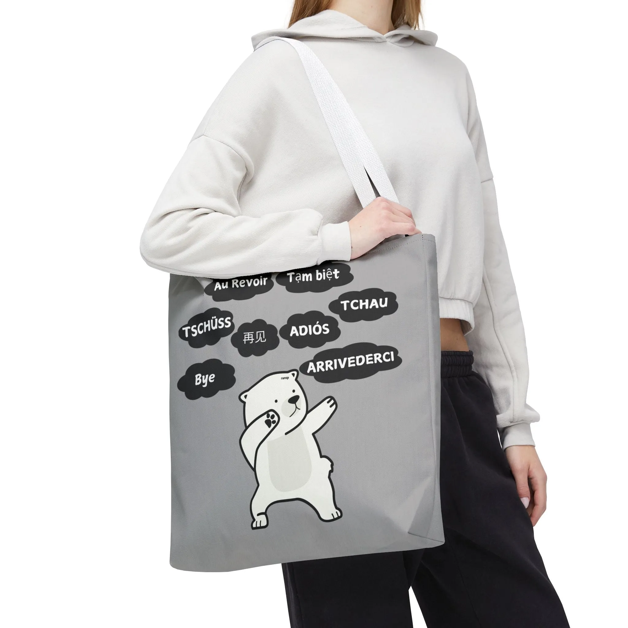 Light Grey Multilingual Farewell Tote Bag with Dancing Bear Design- Perfect for Friendship Gifts, Bag for Shopping, Everyday Shopping bag