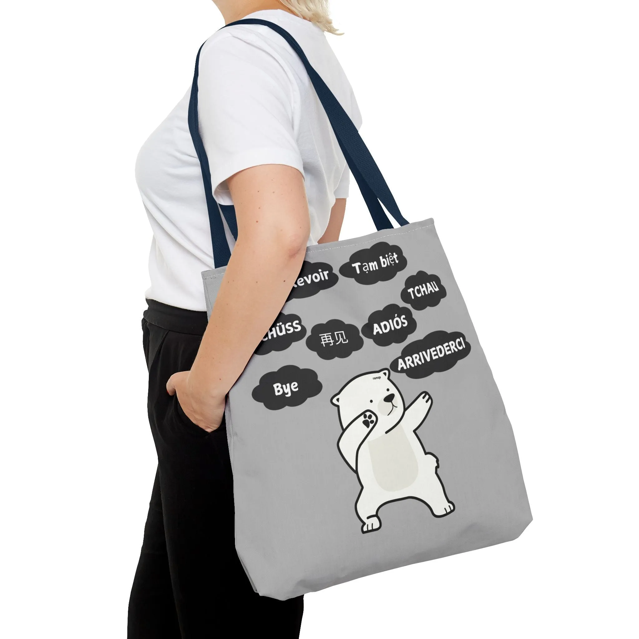 Light Grey Multilingual Farewell Tote Bag with Dancing Bear Design- Perfect for Friendship Gifts, Bag for Shopping, Everyday Shopping bag