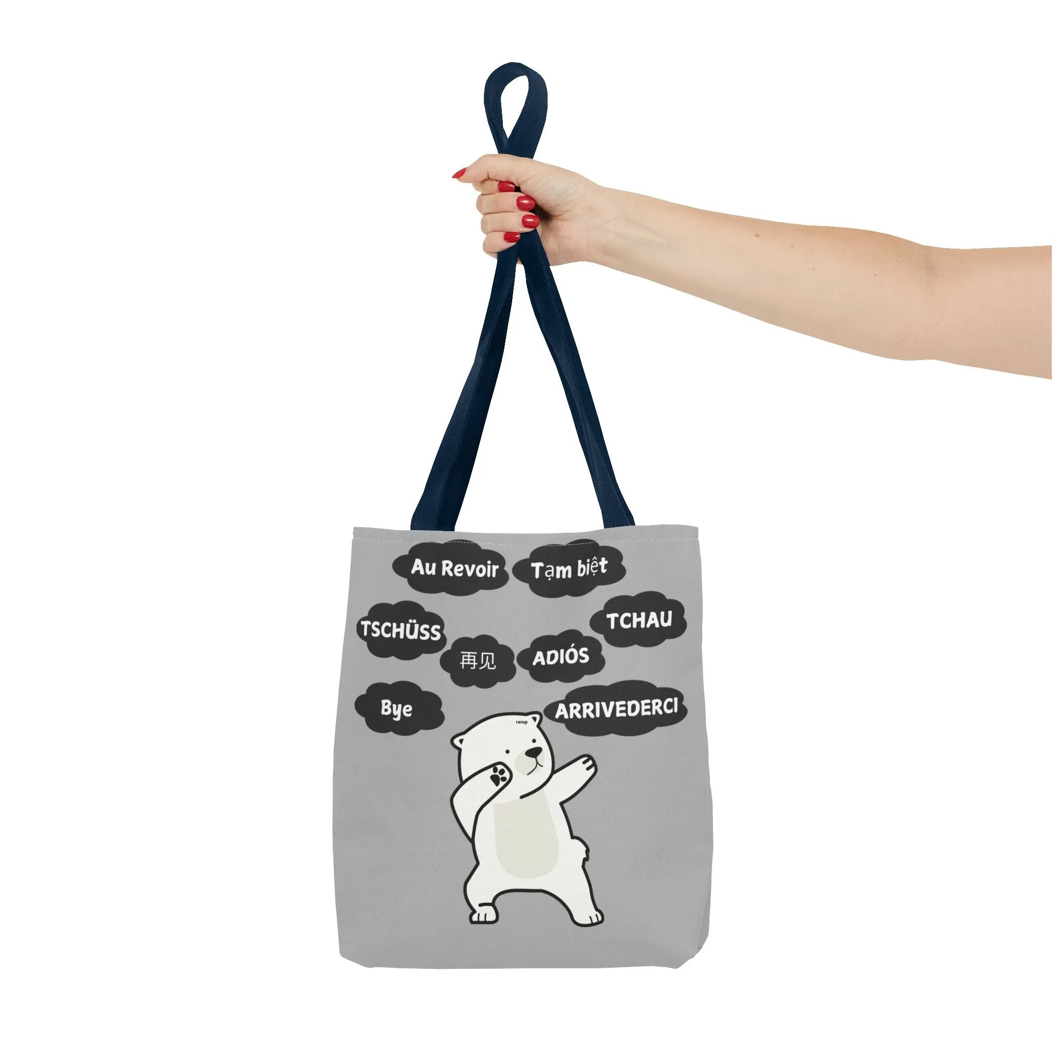 Light Grey Multilingual Farewell Tote Bag with Dancing Bear Design- Perfect for Friendship Gifts, Bag for Shopping, Everyday Shopping bag