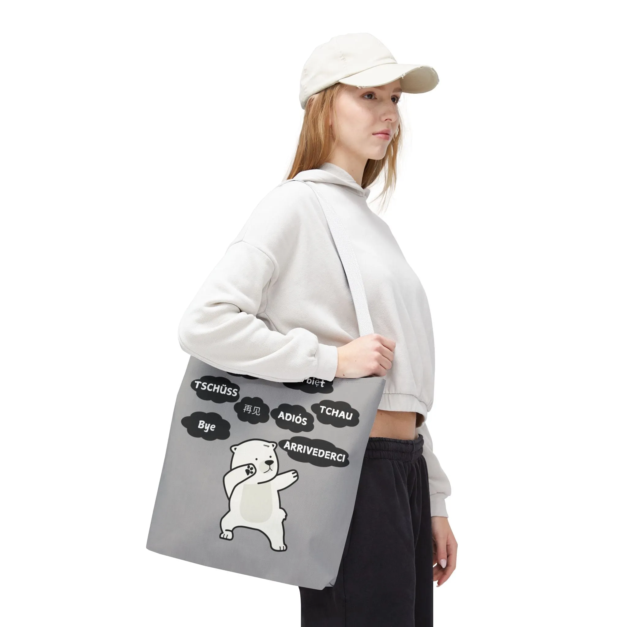 Light Grey Multilingual Farewell Tote Bag with Dancing Bear Design- Perfect for Friendship Gifts, Bag for Shopping, Everyday Shopping bag