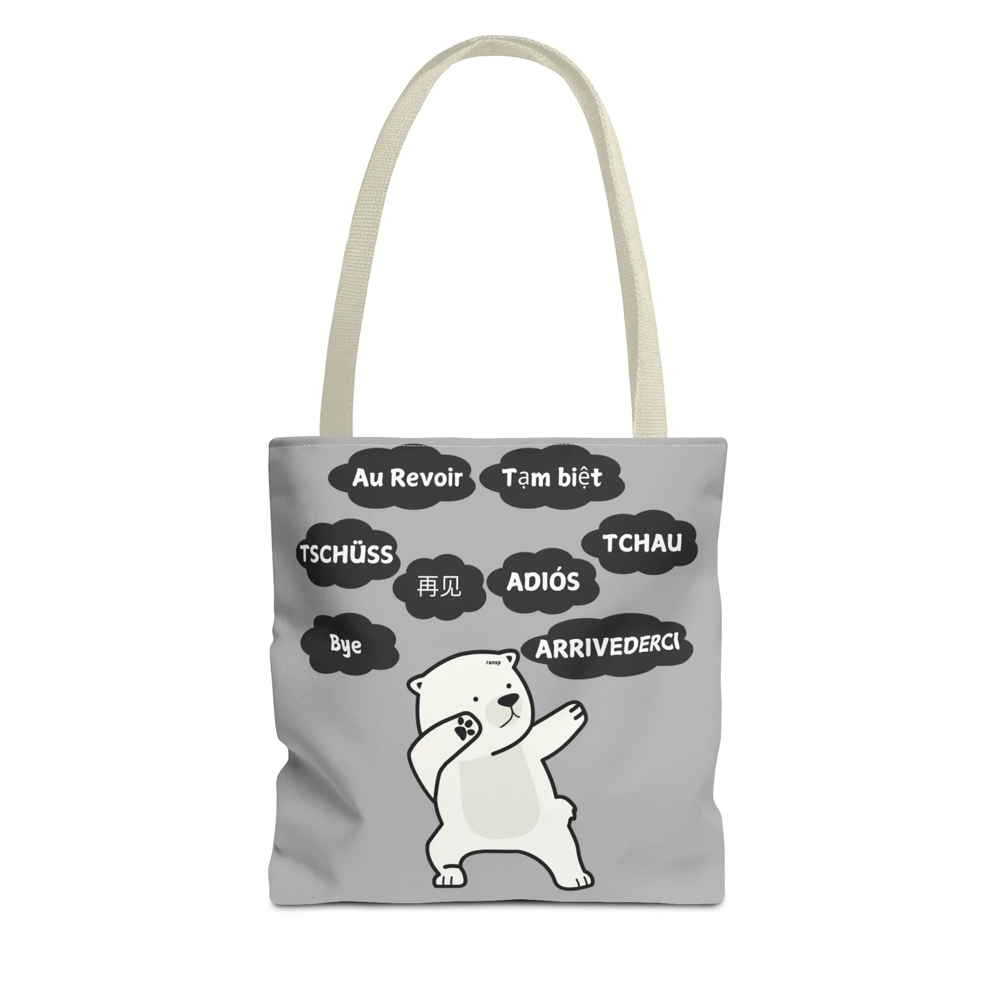Light Grey Multilingual Farewell Tote Bag with Dancing Bear Design- Perfect for Friendship Gifts, Bag for Shopping, Everyday Shopping bag