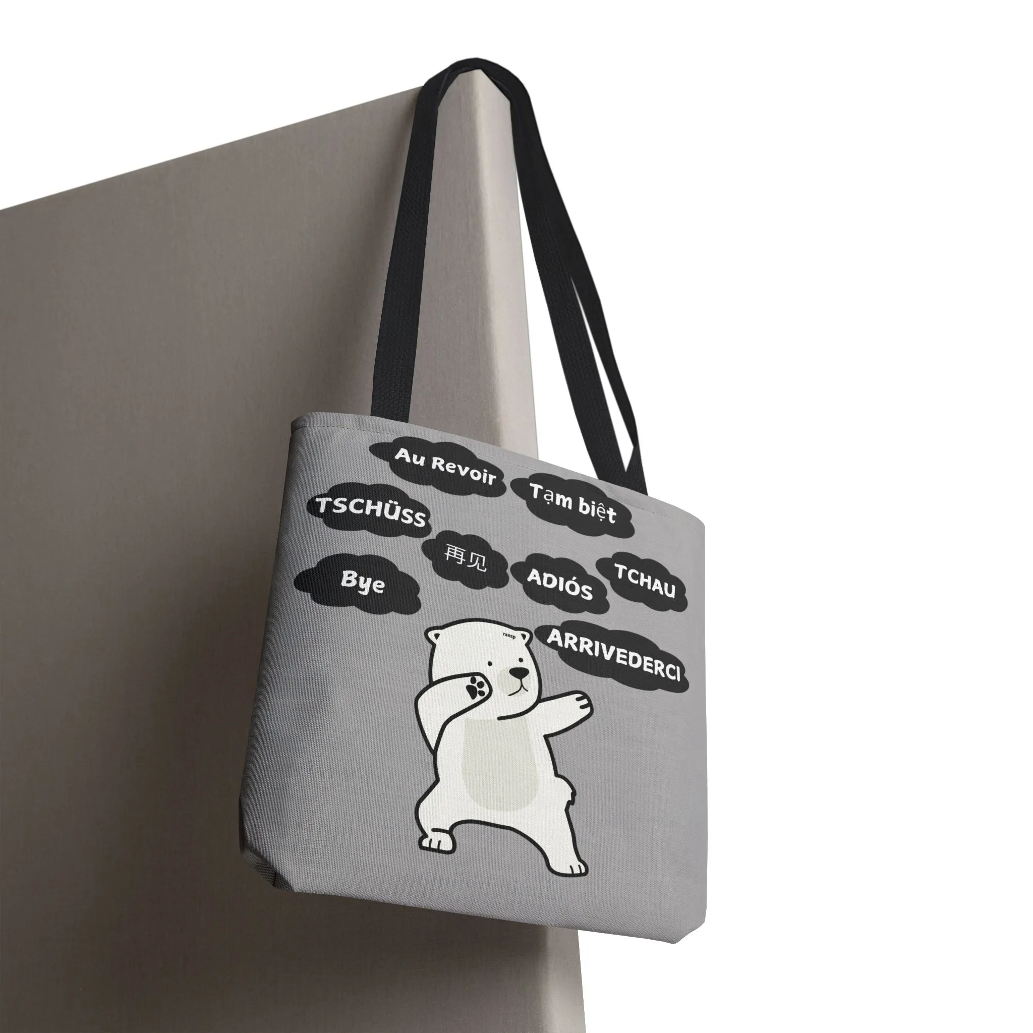 Light Grey Multilingual Farewell Tote Bag with Dancing Bear Design- Perfect for Friendship Gifts, Bag for Shopping, Everyday Shopping bag
