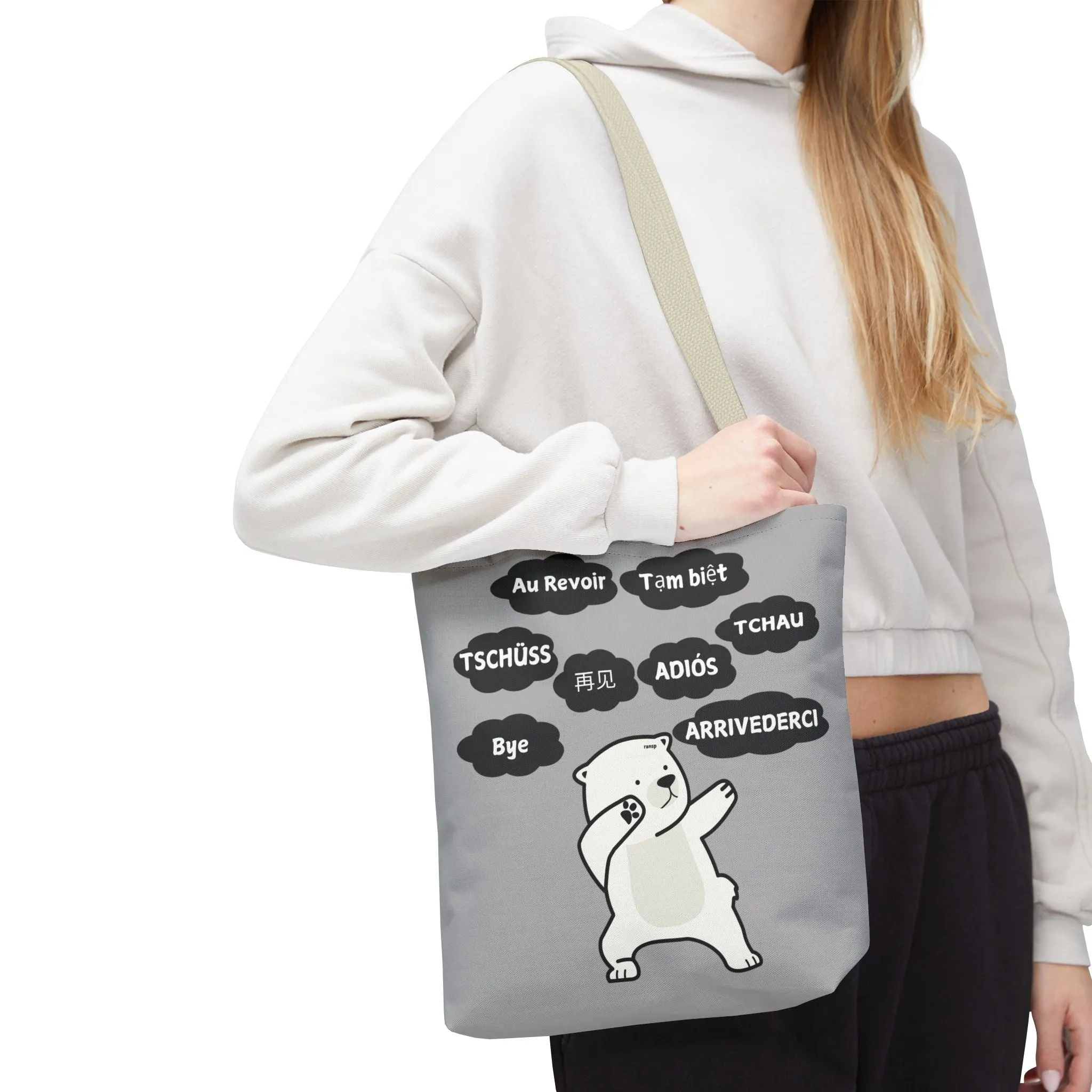 Light Grey Multilingual Farewell Tote Bag with Dancing Bear Design- Perfect for Friendship Gifts, Bag for Shopping, Everyday Shopping bag