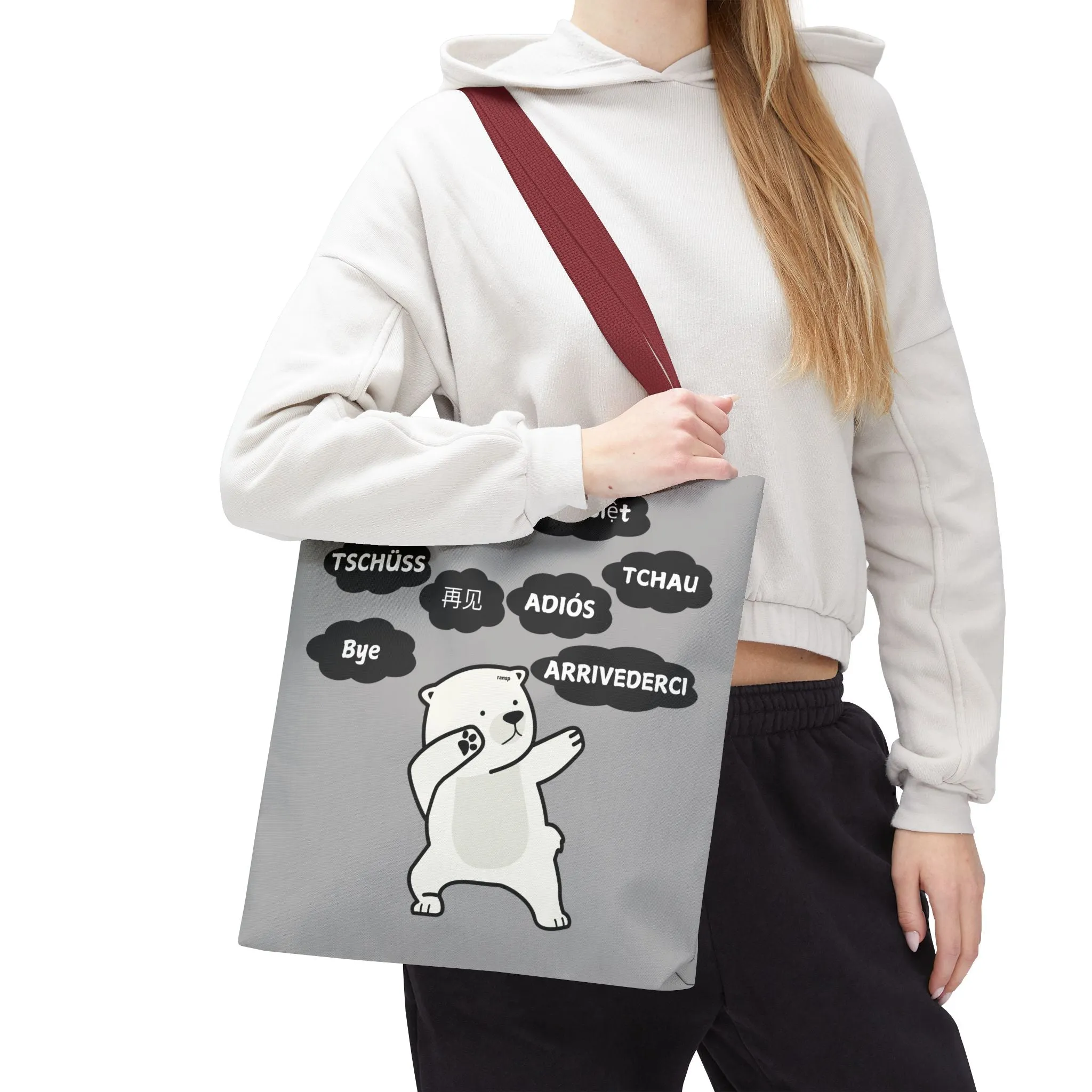 Light Grey Multilingual Farewell Tote Bag with Dancing Bear Design- Perfect for Friendship Gifts, Bag for Shopping, Everyday Shopping bag