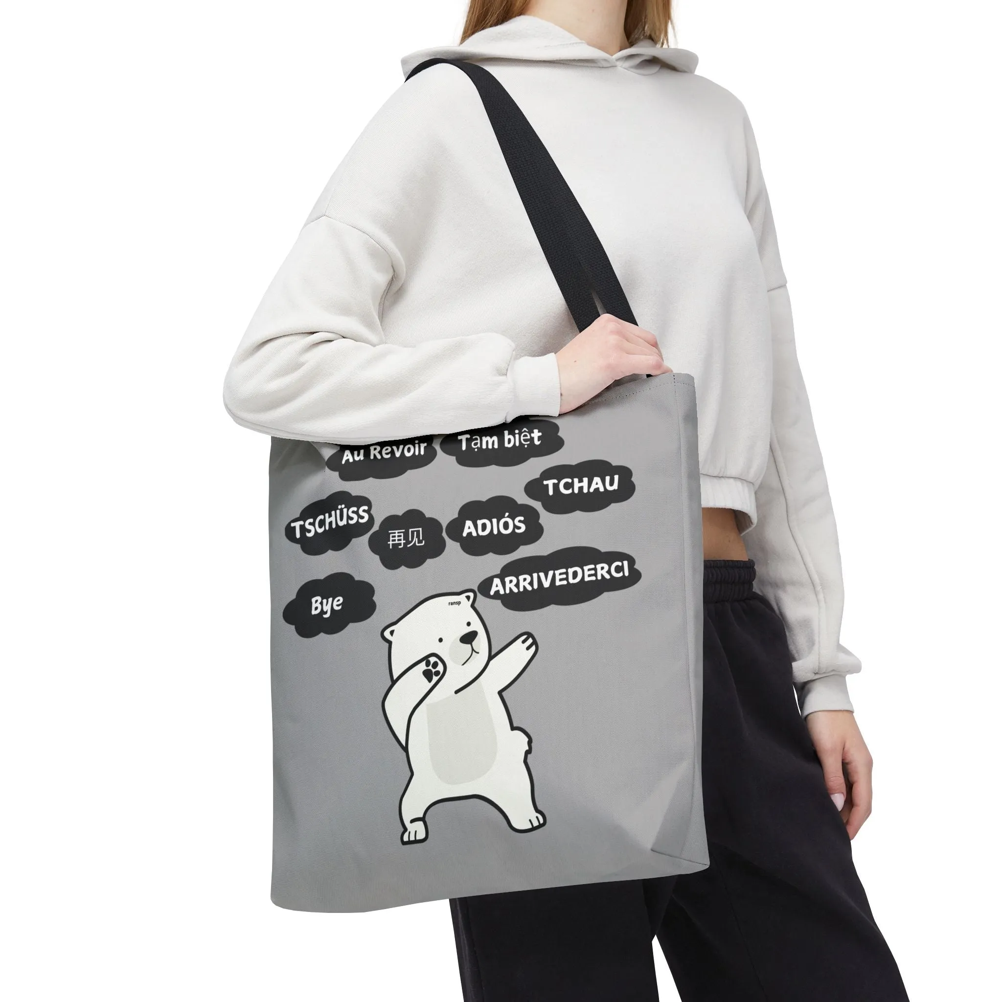 Light Grey Multilingual Farewell Tote Bag with Dancing Bear Design- Perfect for Friendship Gifts, Bag for Shopping, Everyday Shopping bag