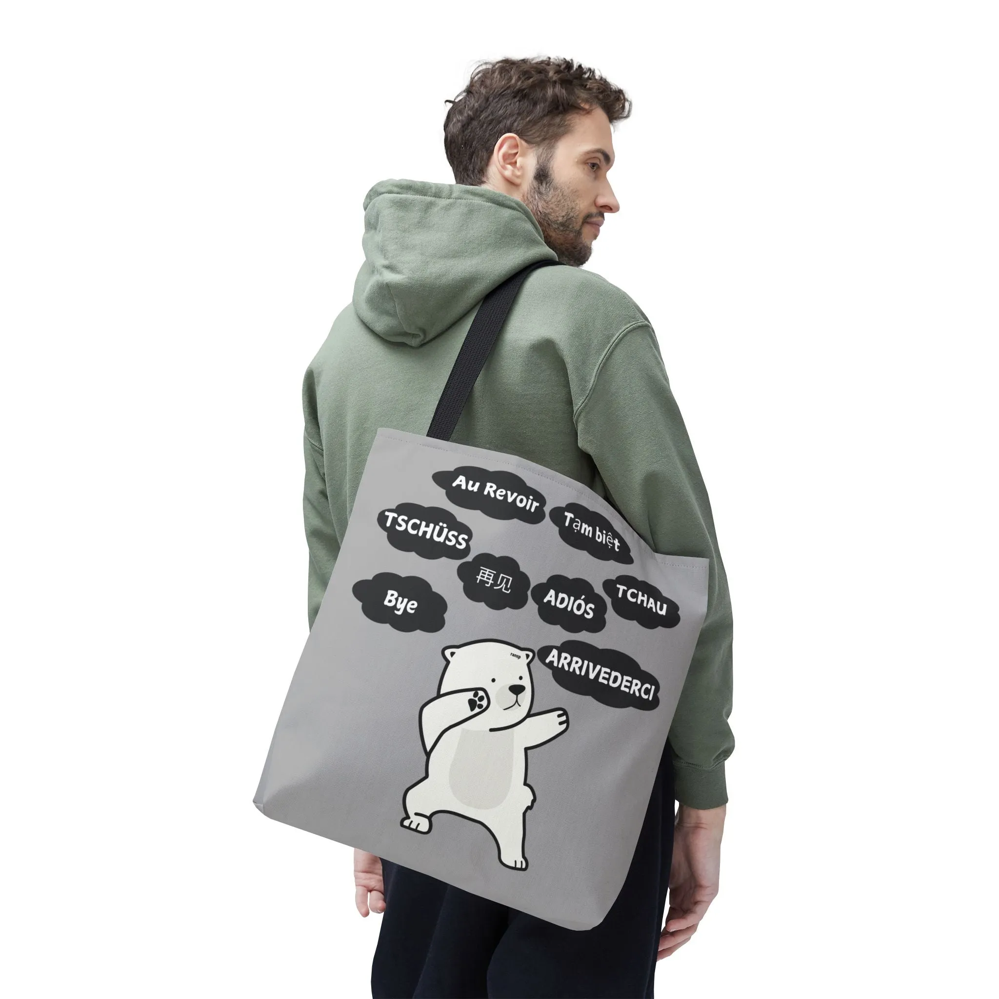 Light Grey Multilingual Farewell Tote Bag with Dancing Bear Design- Perfect for Friendship Gifts, Bag for Shopping, Everyday Shopping bag