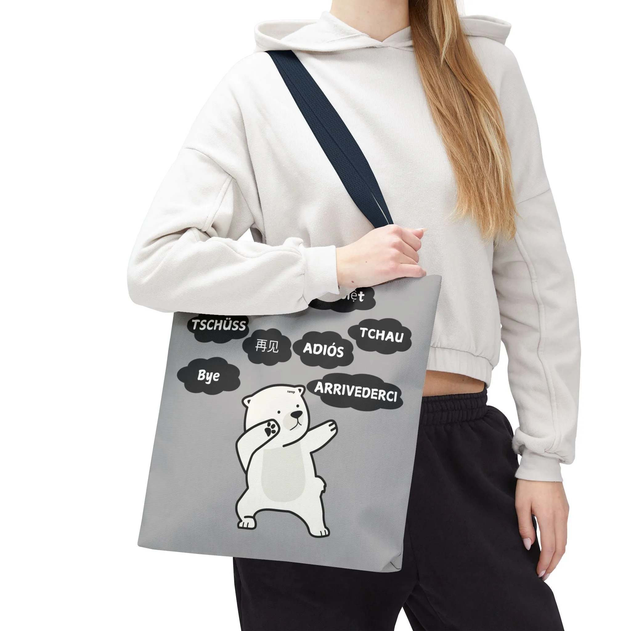 Light Grey Multilingual Farewell Tote Bag with Dancing Bear Design- Perfect for Friendship Gifts, Bag for Shopping, Everyday Shopping bag