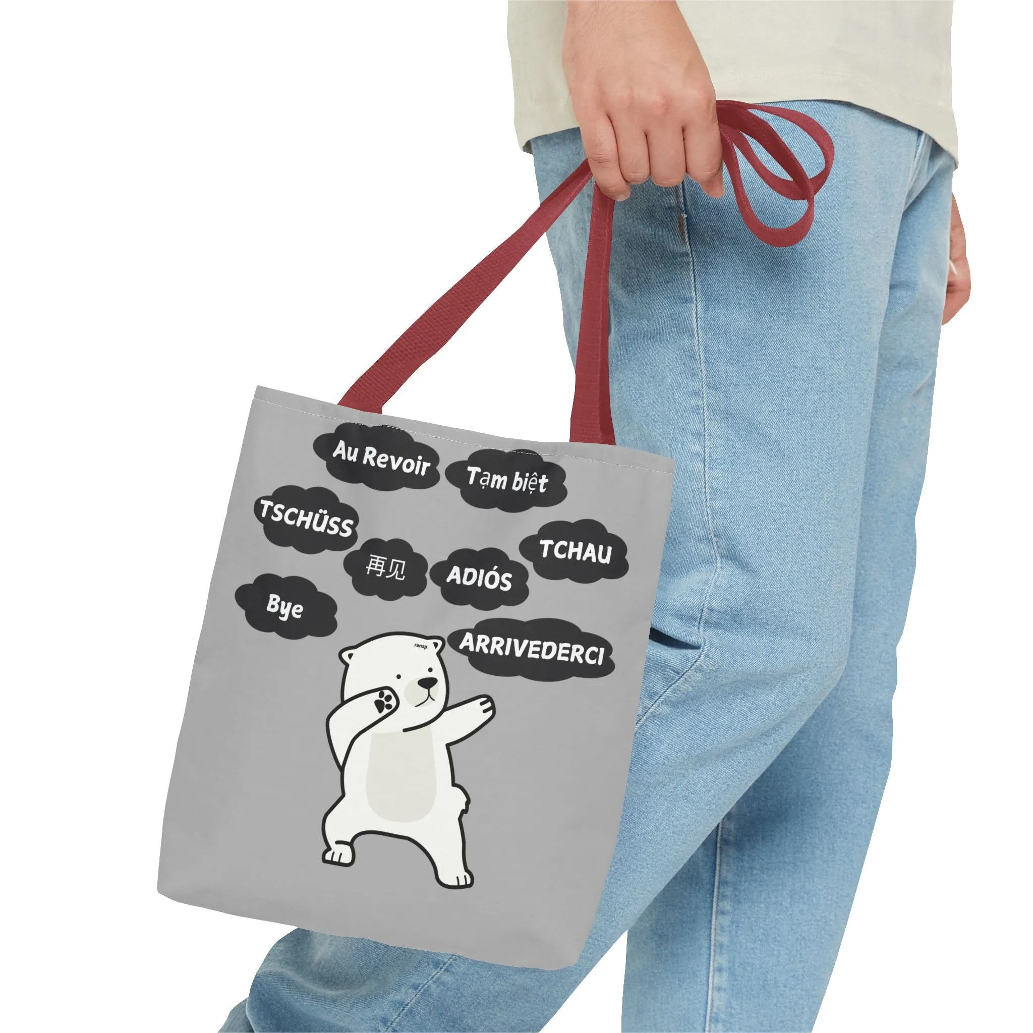 Light Grey Multilingual Farewell Tote Bag with Dancing Bear Design- Perfect for Friendship Gifts, Bag for Shopping, Everyday Shopping bag