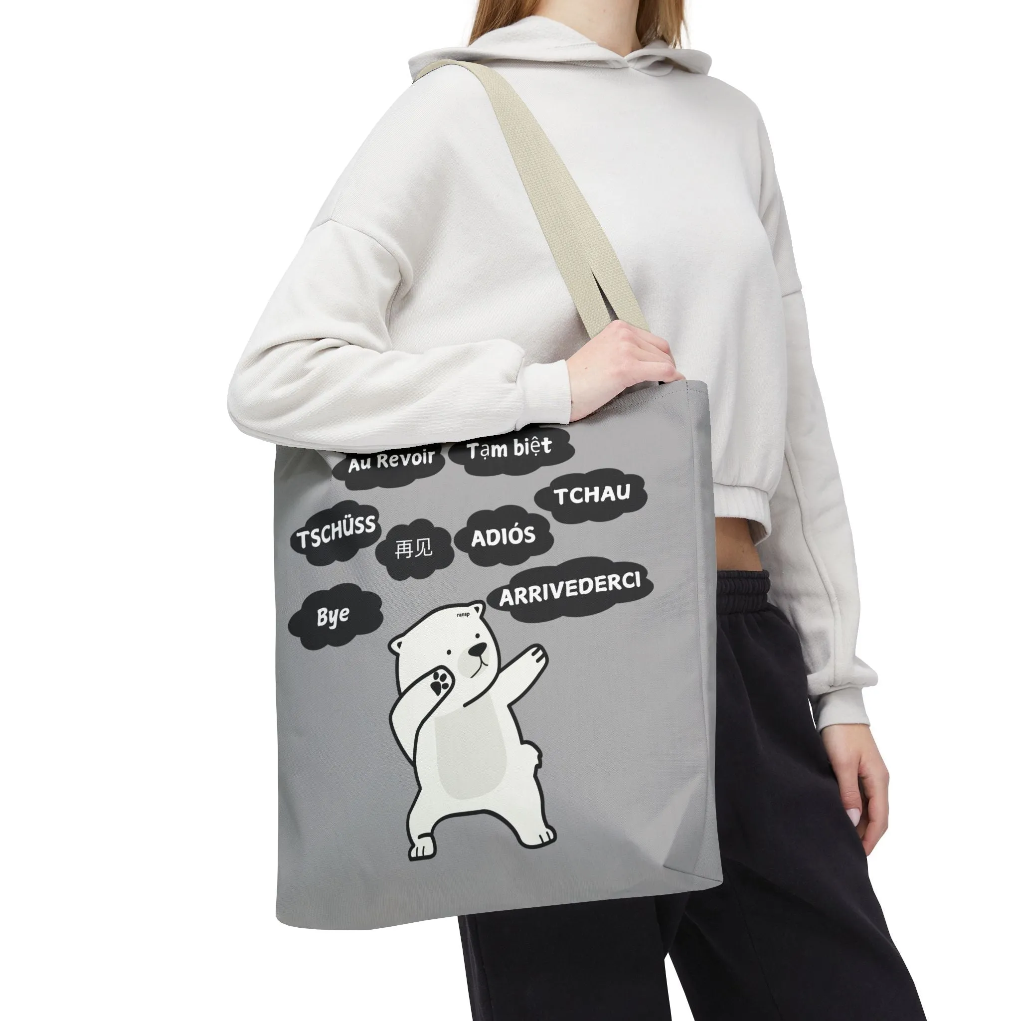 Light Grey Multilingual Farewell Tote Bag with Dancing Bear Design- Perfect for Friendship Gifts, Bag for Shopping, Everyday Shopping bag