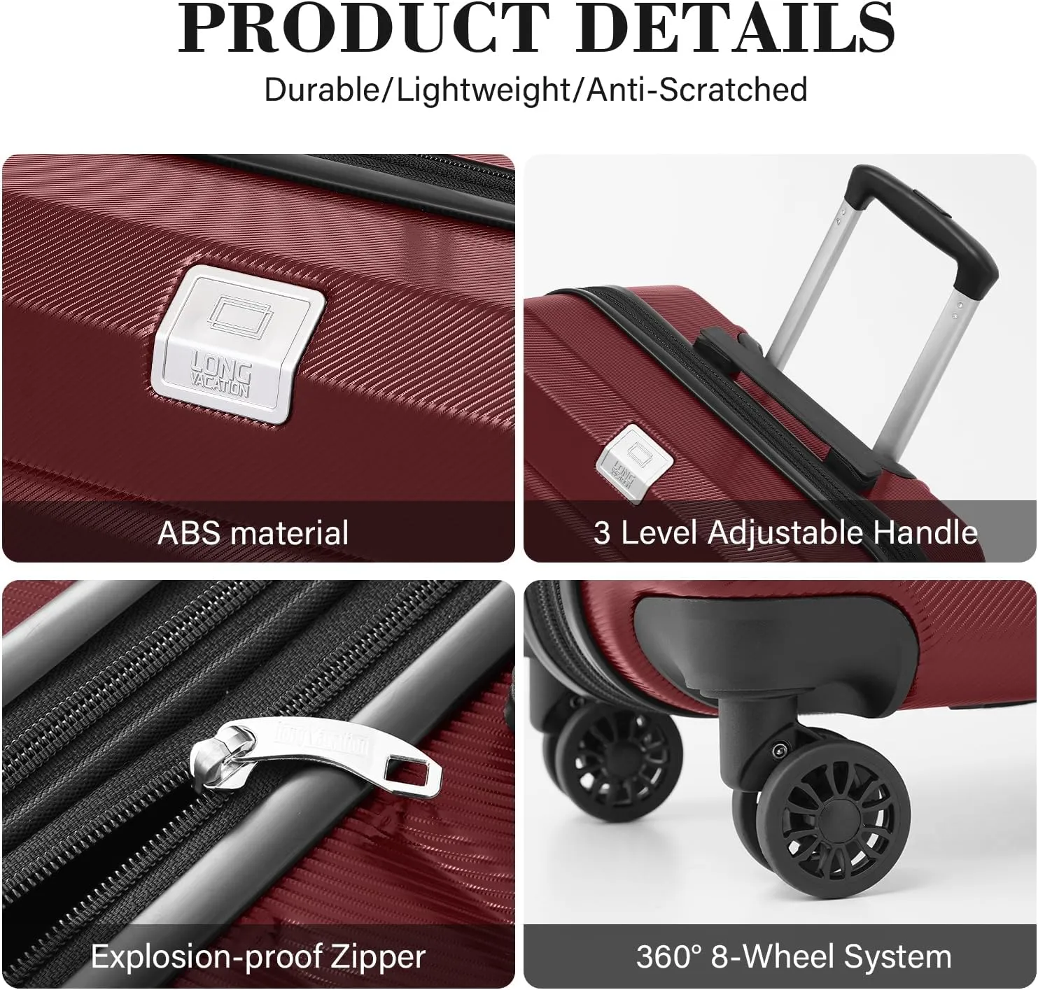 LONG VACATION Hardside Expandable Carry On Luggage, Suitcase with Spinner Wheels TSA Lock, Luggage with USB Port (Wine Red, 20 INCH)