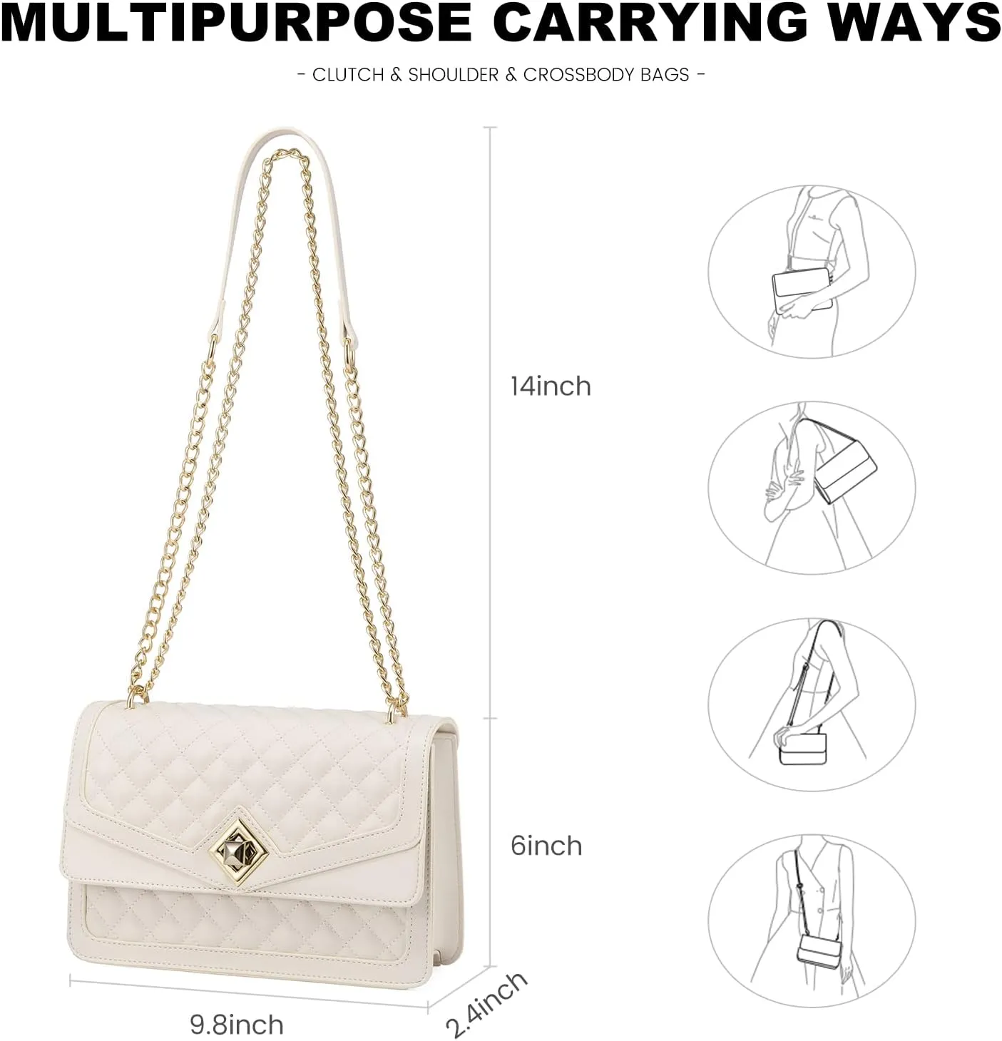 LOVEVOOK Crossbody Bags for Women Leather Quilted Shoulder Bag with Chain Strap Trendy Clutch Satchel Ladies Evening Bag