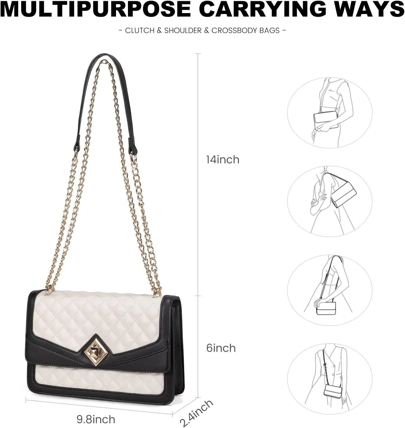LOVEVOOK Crossbody Bags for Women Leather Quilted Shoulder Bag with Chain Strap Trendy Clutch Satchel Ladies Evening Bag