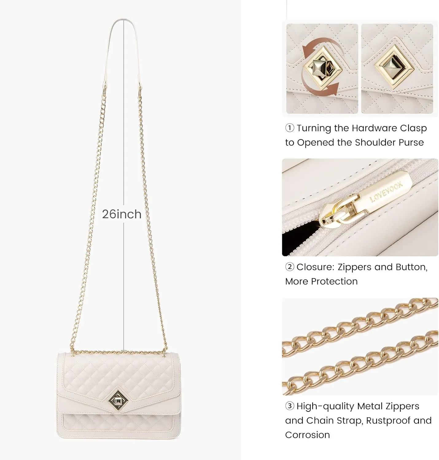LOVEVOOK Crossbody Bags for Women Leather Quilted Shoulder Bag with Chain Strap Trendy Clutch Satchel Ladies Evening Bag