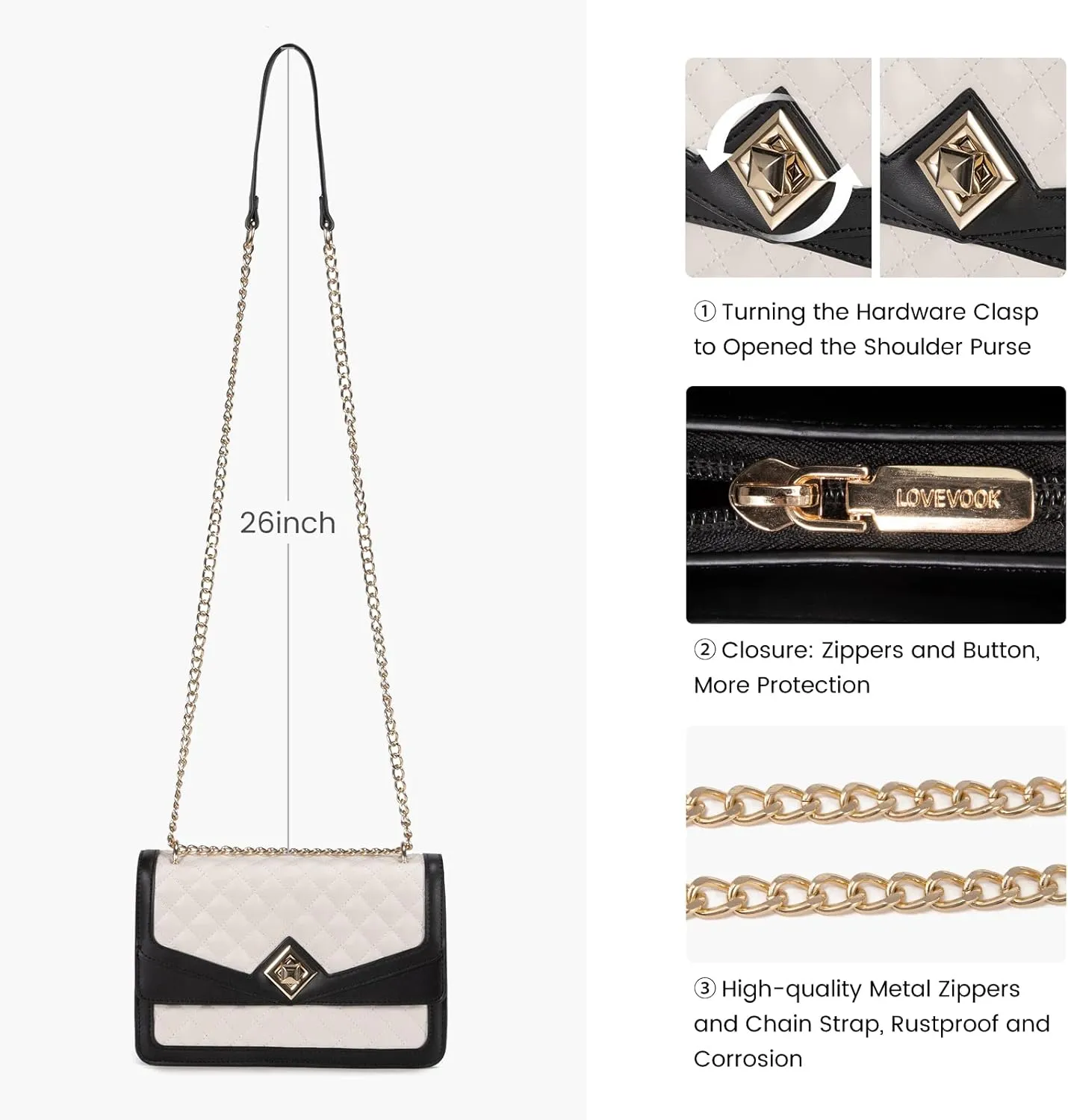 LOVEVOOK Crossbody Bags for Women Leather Quilted Shoulder Bag with Chain Strap Trendy Clutch Satchel Ladies Evening Bag