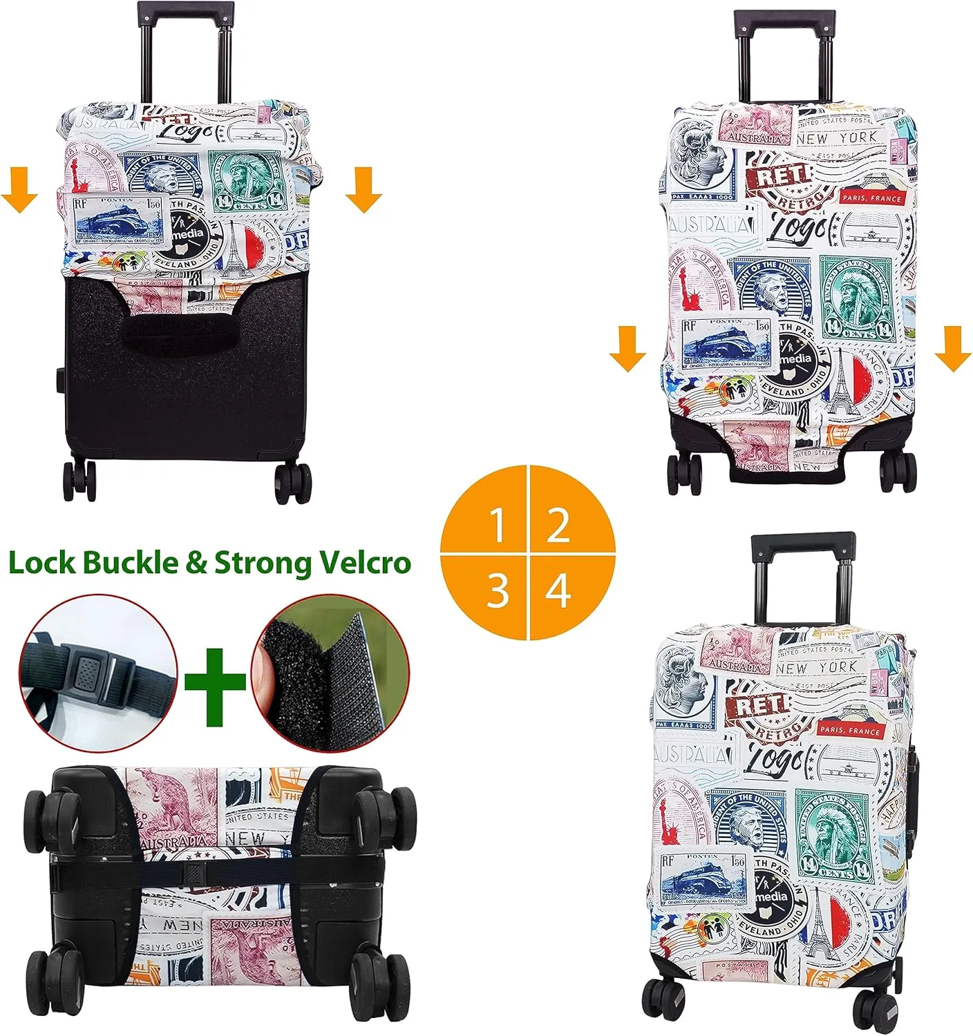 Luggage Approved Travel Suitcase Protector Funny Postmarks Elastic Washable Baggages for 25-28 inch Luggage (L)