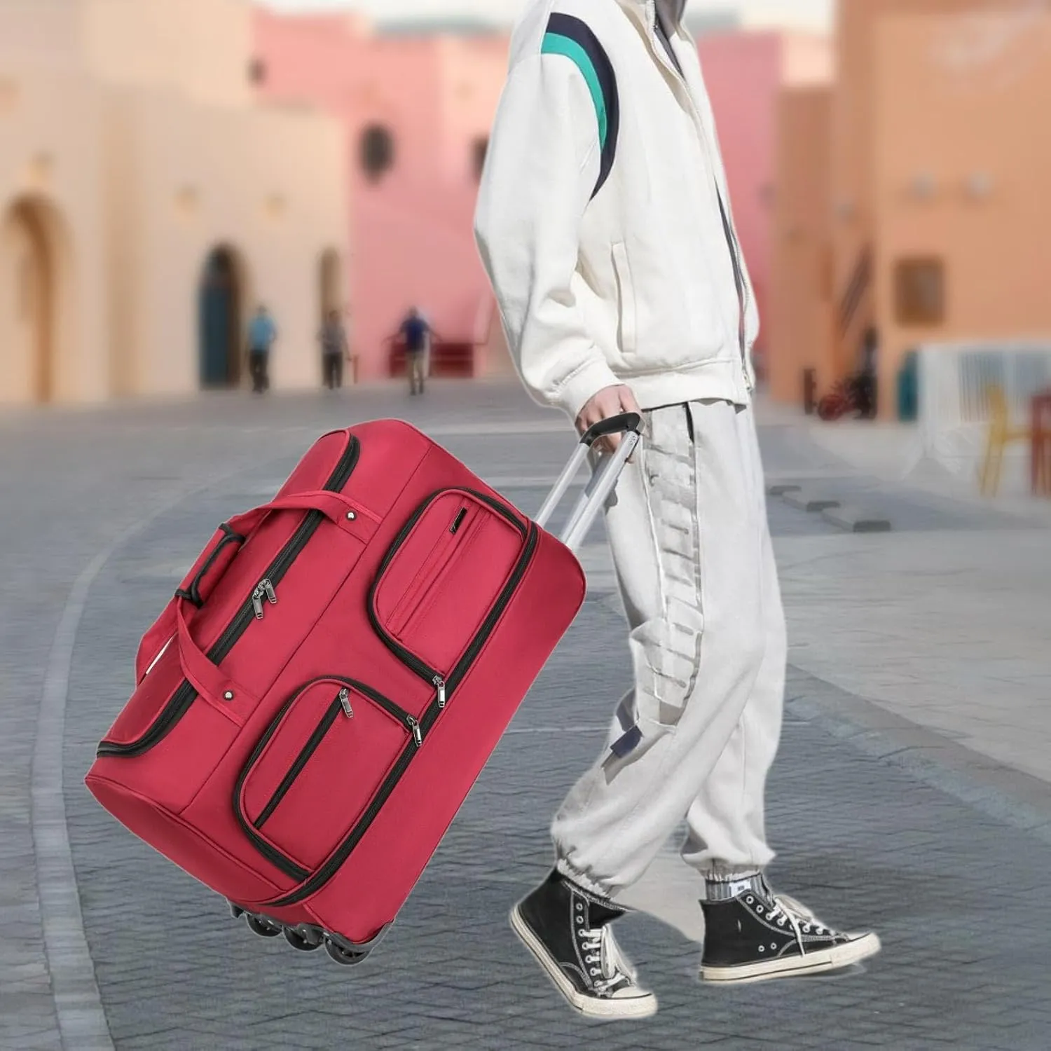 Luggage Bag with Wheels, Wheeled Rolling Duffel Bag, Convenient Travel Suitcase with Handle for Outdoor Fitness, Red