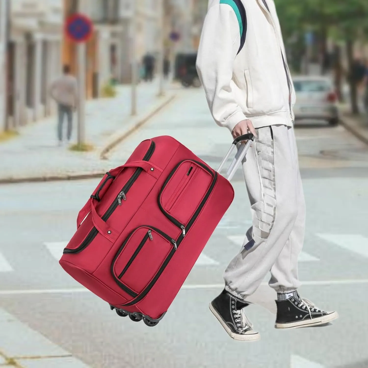 Luggage Bag with Wheels, Wheeled Rolling Duffel Bag, Convenient Travel Suitcase with Handle for Outdoor Fitness, Red