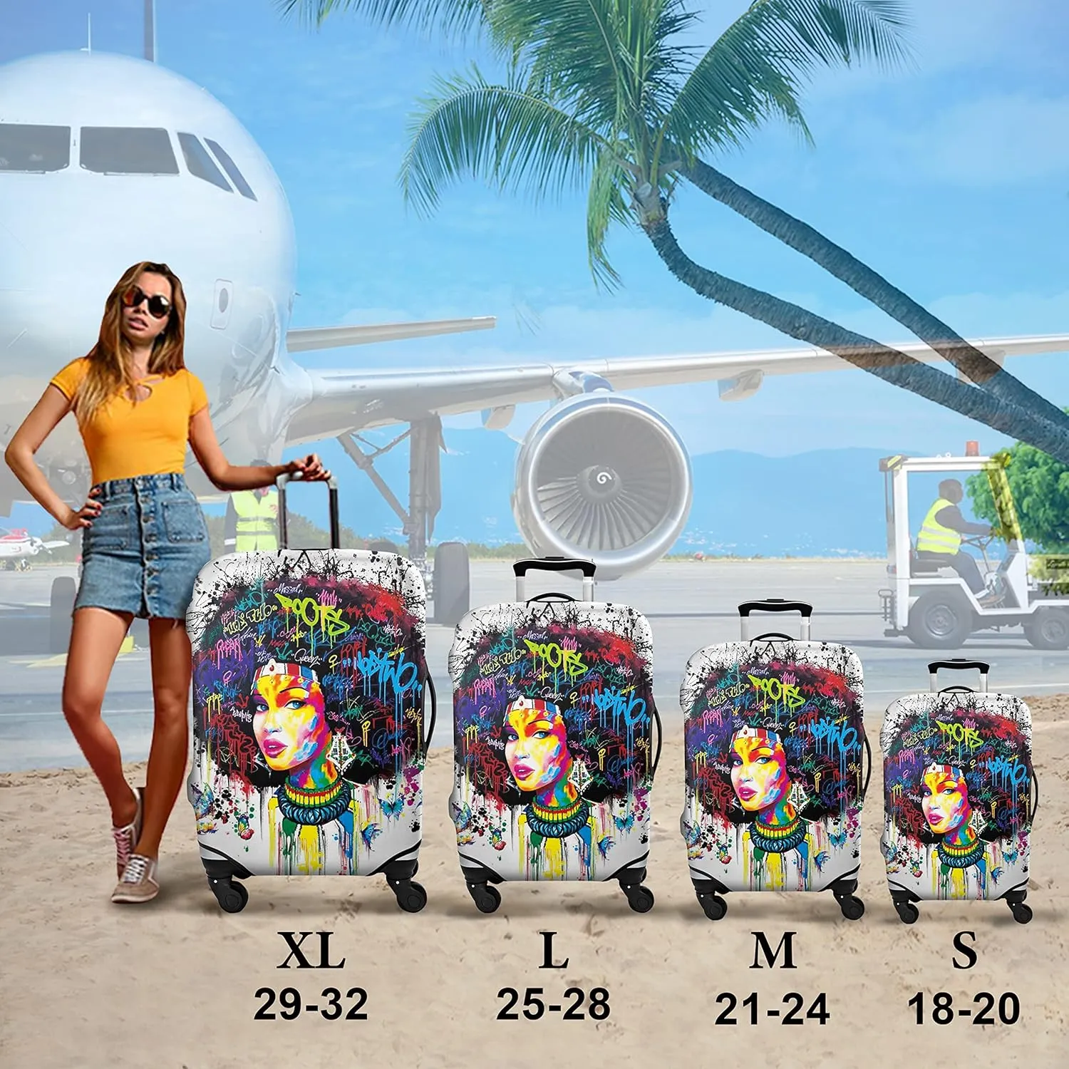 Luggage Cover Approved Travel Suitcase Protector African American Elastic Washable Suitcase Covers for 25-28 Inch Girl Luggage (L)