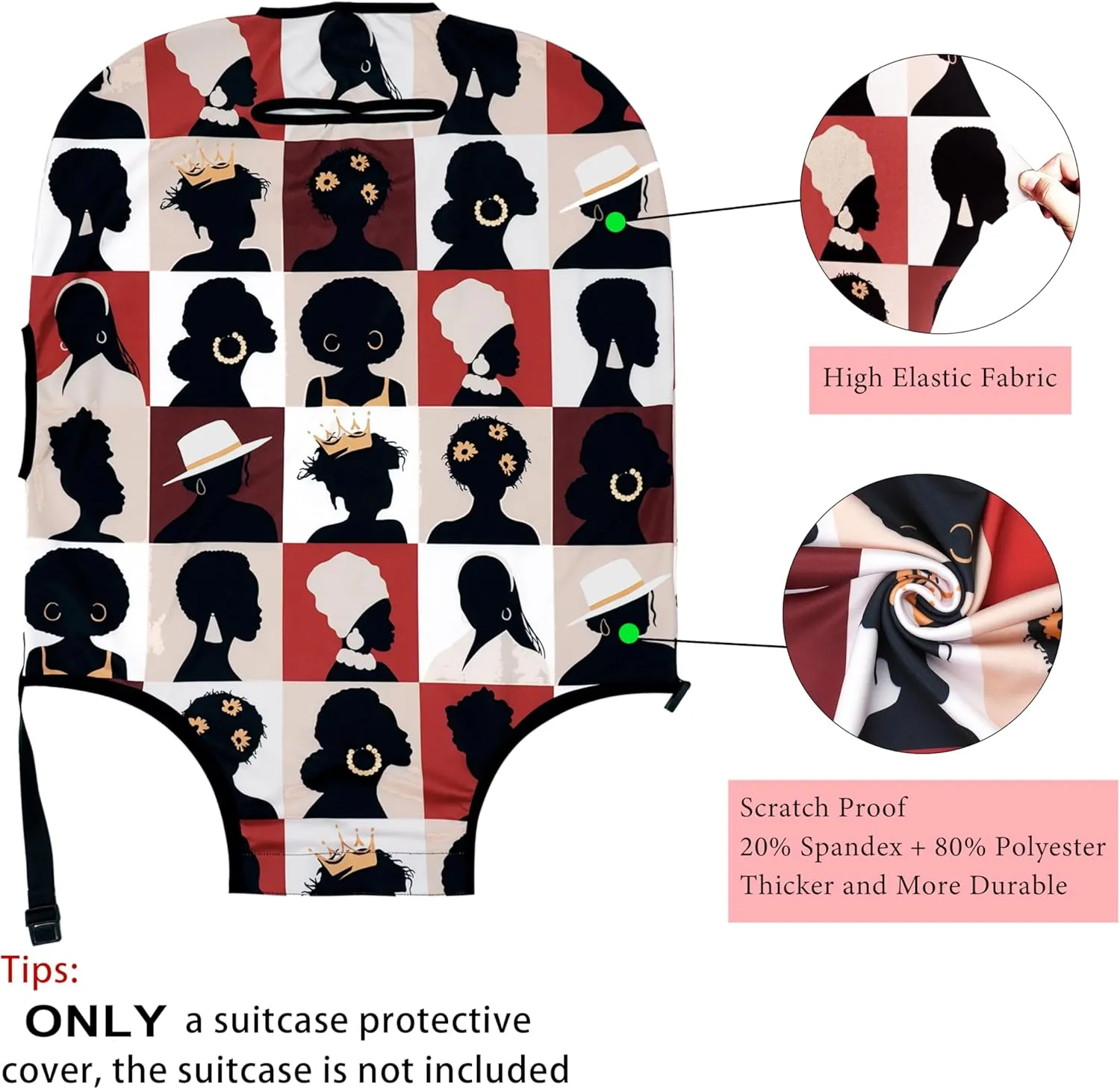 Luggage Cover Approved Travel Suitcase Protector African American Elastic Washable Suitcase Covers for 25-28 Inch Girl Luggage (L)