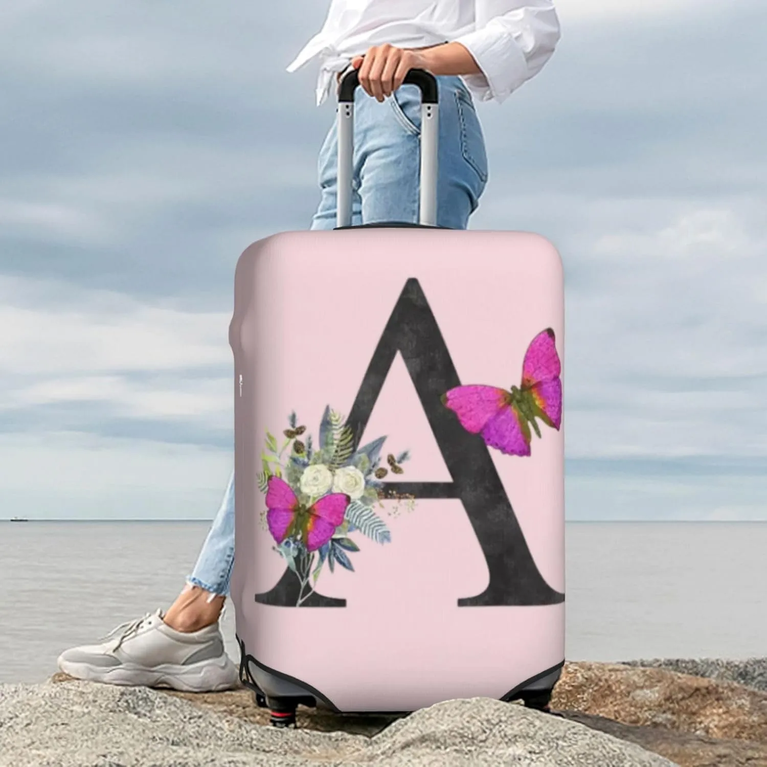 Luggage Cover Flower Butterfly Letter A Pink Suitcase Protector fits 18-32inch Travel Suitcase Cover Dustproof Washable with Concealed Zipper for Wheeled Suitcase LC904