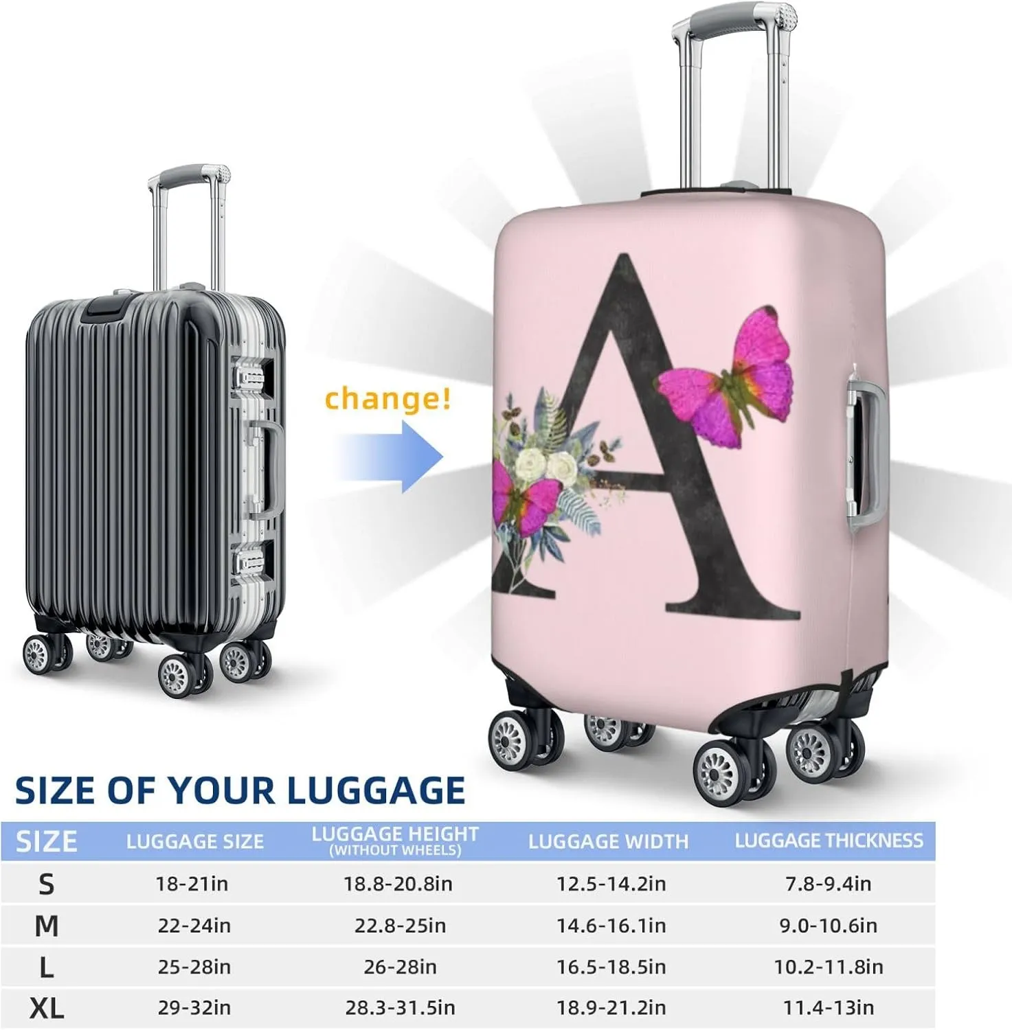 Luggage Cover Flower Butterfly Letter A Pink Suitcase Protector fits 18-32inch Travel Suitcase Cover Dustproof Washable with Concealed Zipper for Wheeled Suitcase LC904