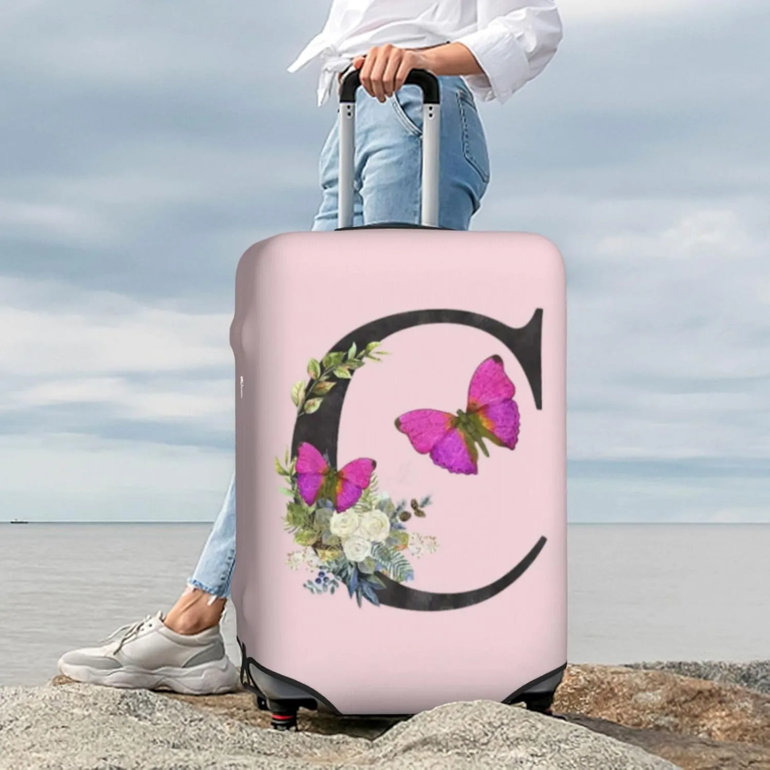 Luggage Cover Flower Butterfly Letter C Pink Suitcase Protector fits 18-32inch Travel Suitcase Cover Dustproof Washable with Concealed Zipper for Wheeled Suitcase LC912