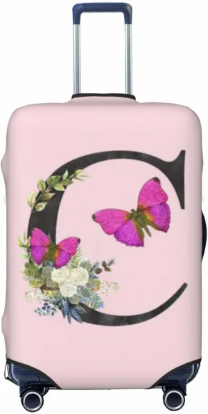 Luggage Cover Flower Butterfly Letter C Pink Suitcase Protector fits 18-32inch Travel Suitcase Cover Dustproof Washable with Concealed Zipper for Wheeled Suitcase LC912