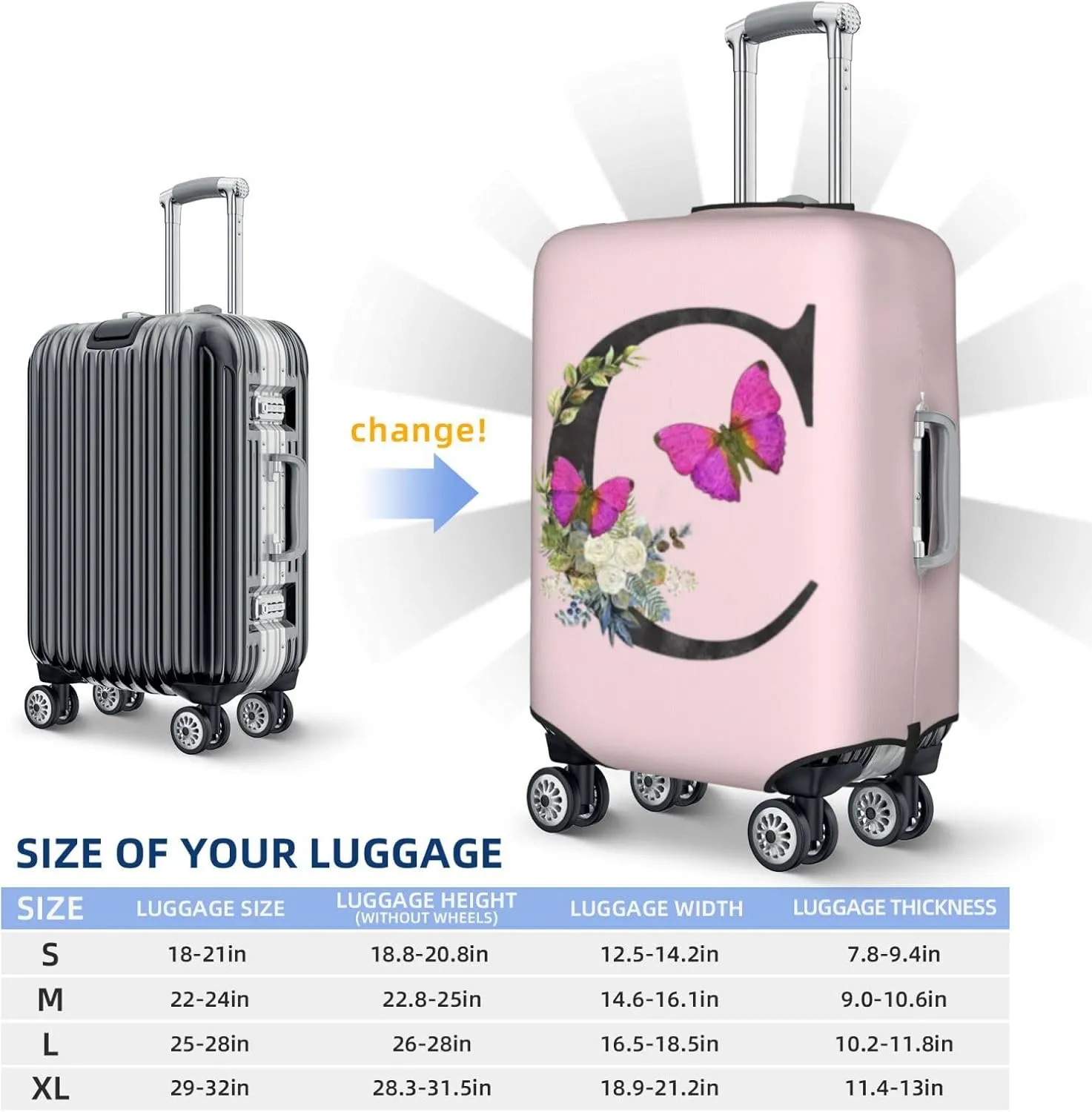 Luggage Cover Flower Butterfly Letter C Pink Suitcase Protector fits 18-32inch Travel Suitcase Cover Dustproof Washable with Concealed Zipper for Wheeled Suitcase LC912