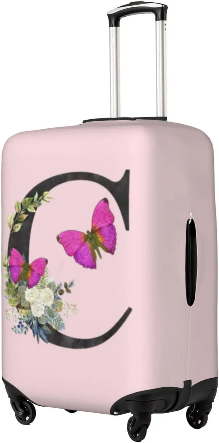 Luggage Cover Flower Butterfly Letter C Pink Suitcase Protector fits 18-32inch Travel Suitcase Cover Dustproof Washable with Concealed Zipper for Wheeled Suitcase LC912