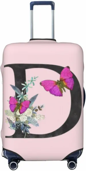 Luggage Cover Flower Butterfly Letter D Pink Suitcase Protector fits 18-32inch Travel Suitcase Cover Dustproof Washable with Concealed Zipper for Wheeled Suitcase LC916