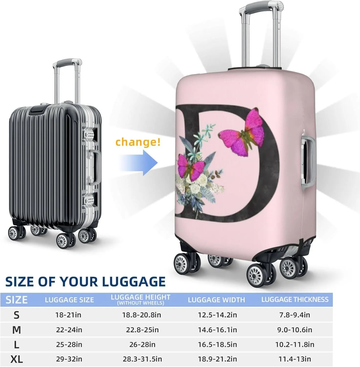 Luggage Cover Flower Butterfly Letter D Pink Suitcase Protector fits 18-32inch Travel Suitcase Cover Dustproof Washable with Concealed Zipper for Wheeled Suitcase LC916