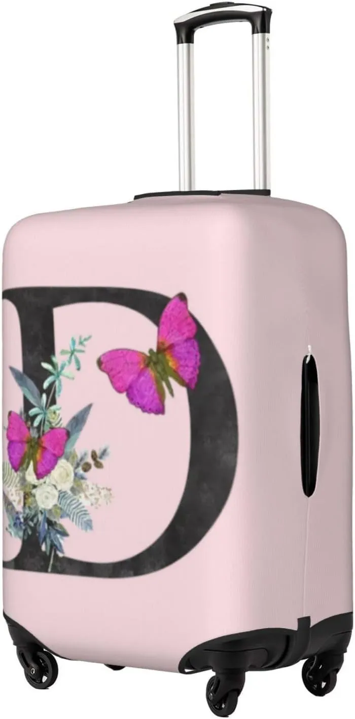 Luggage Cover Flower Butterfly Letter D Pink Suitcase Protector fits 18-32inch Travel Suitcase Cover Dustproof Washable with Concealed Zipper for Wheeled Suitcase LC916
