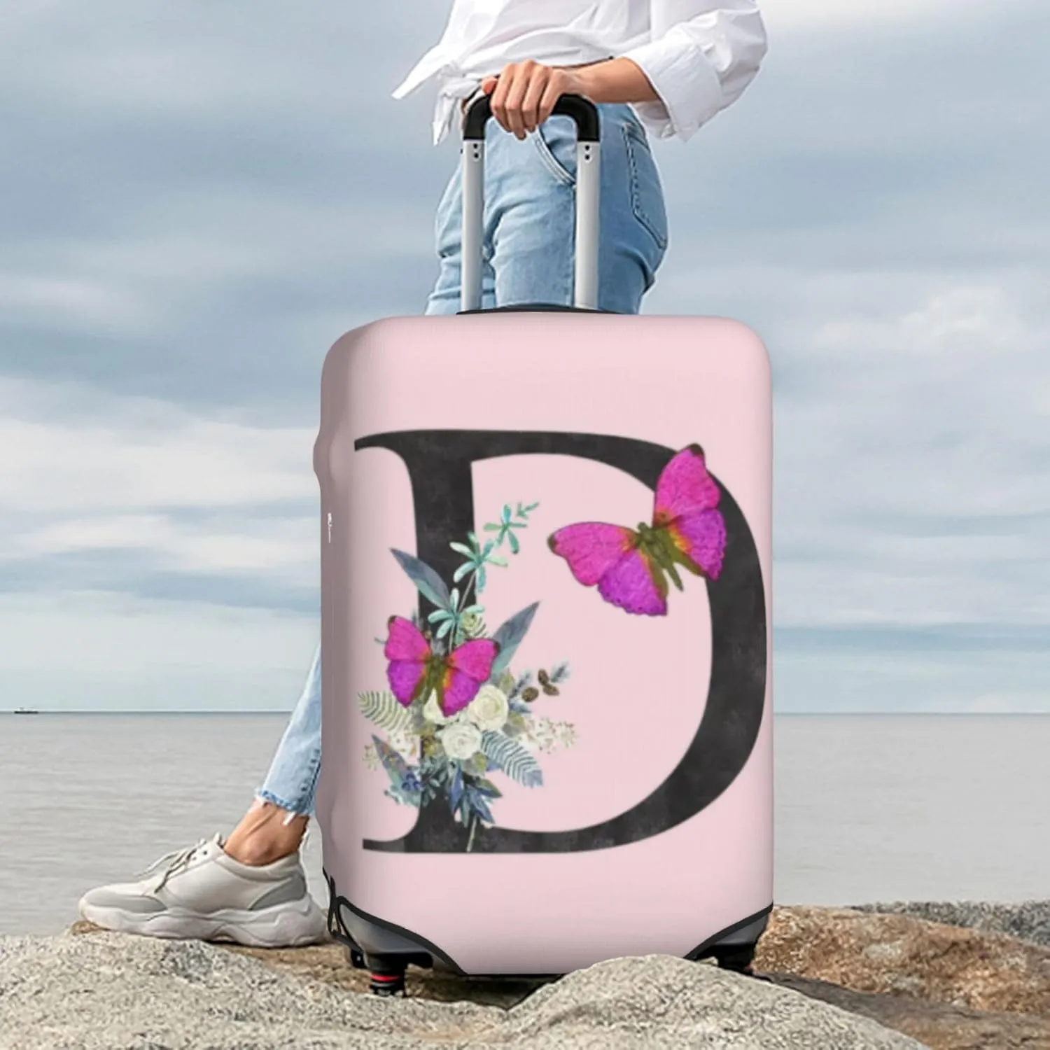 Luggage Cover Flower Butterfly Letter D Pink Suitcase Protector fits 18-32inch Travel Suitcase Cover Dustproof Washable with Concealed Zipper for Wheeled Suitcase LC916