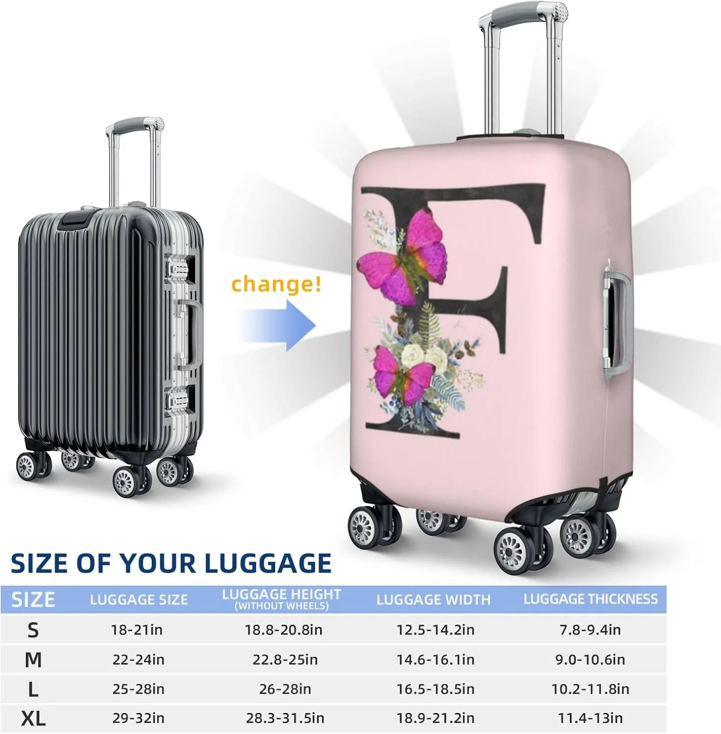 Luggage Cover Flower Butterfly Letter F Pink Suitcase Protector fits 18-32inch Travel Suitcase Cover Dustproof Washable with Concealed Zipper for Wheeled Suitcase LC920