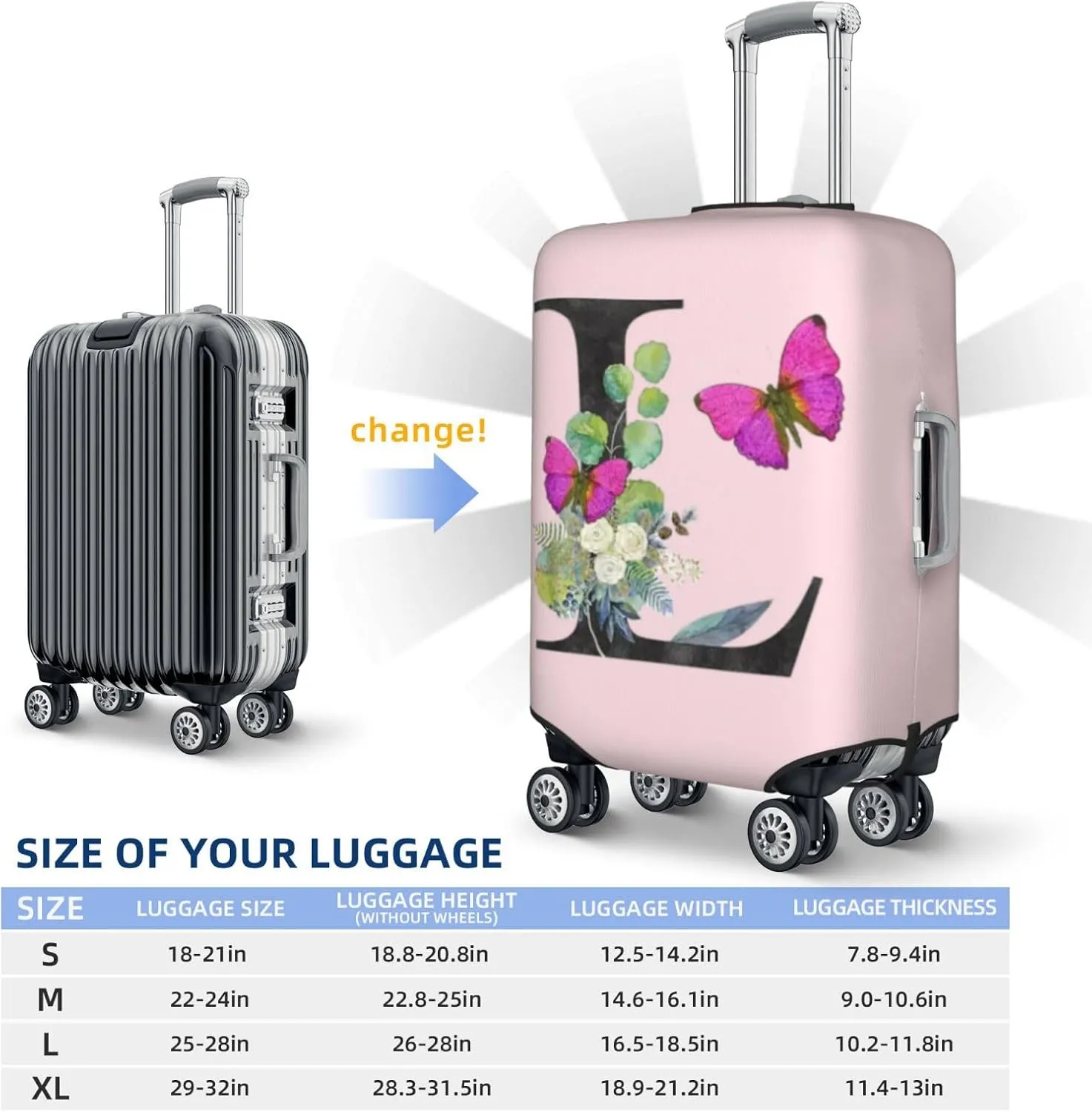 Luggage Cover Flower Butterfly Letter L Pink Suitcase Protector fits 18-32inch Travel Suitcase Cover Dustproof Washable with Concealed Zipper for Wheeled Suitcase LC944
